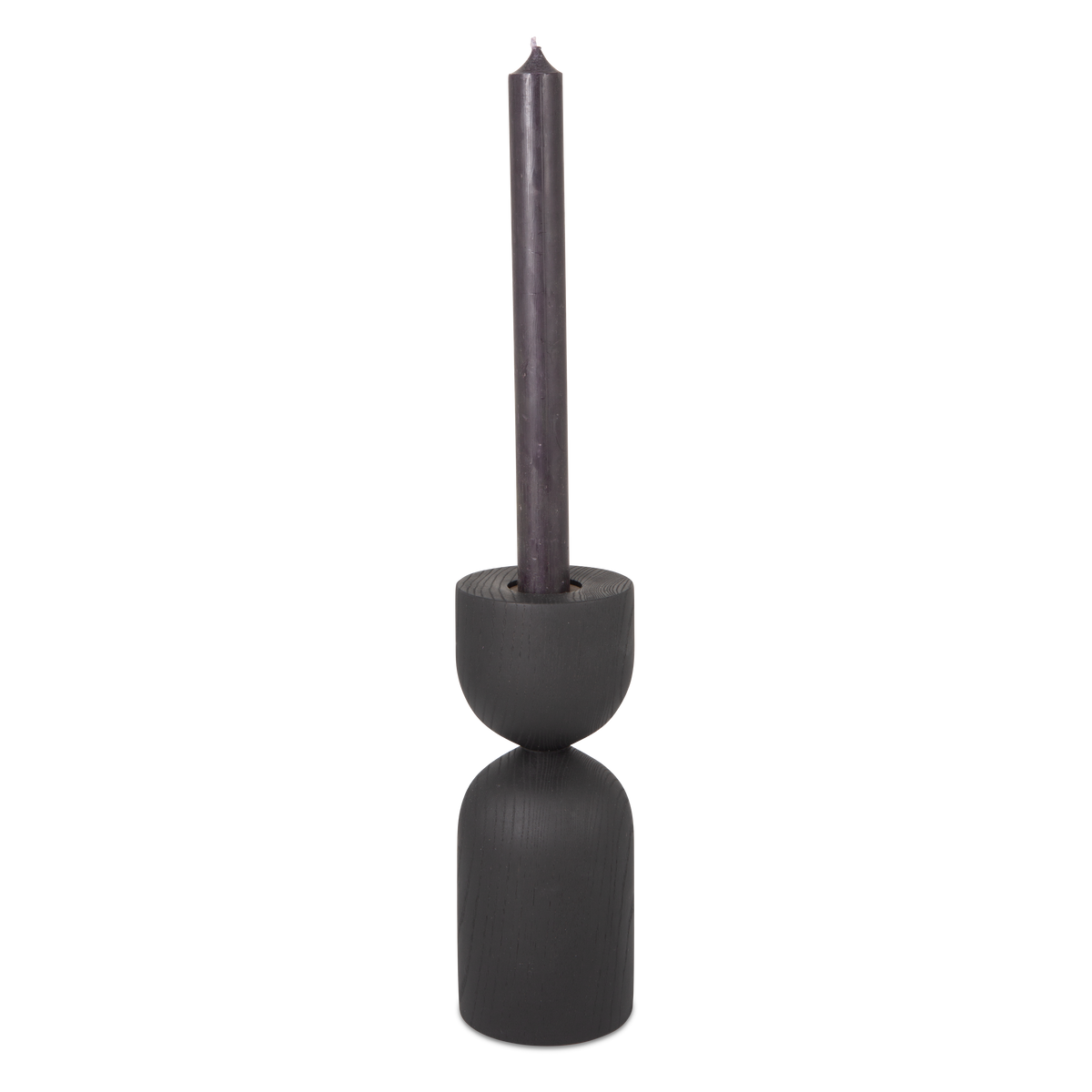 Turned from solid ebonized ash wood, the Hourglass Taper Candleholder feature distinct and eye-catching forms.