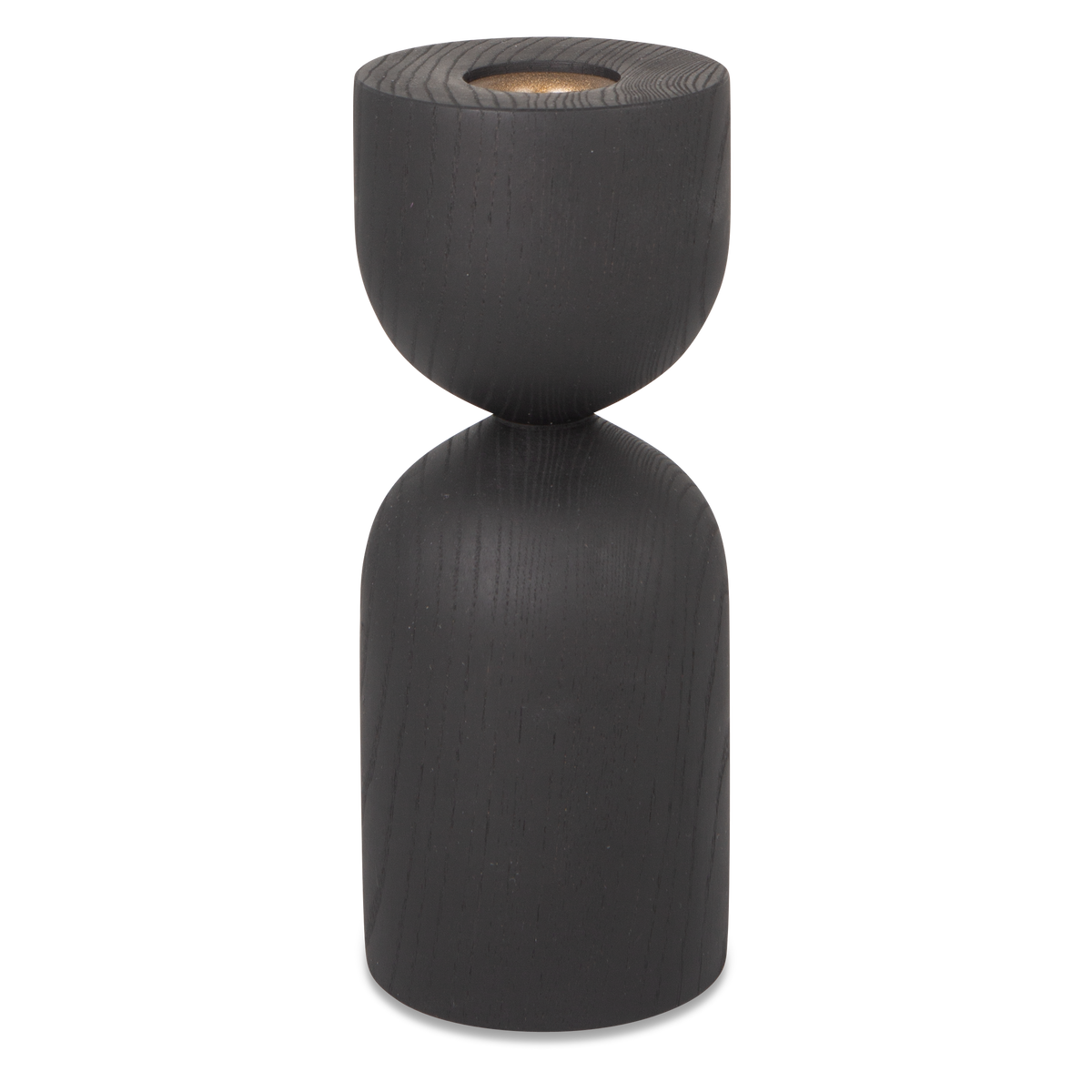 Turned from solid ebonized ash wood, the Hourglass Taper Candleholder feature distinct and eye-catching forms.
