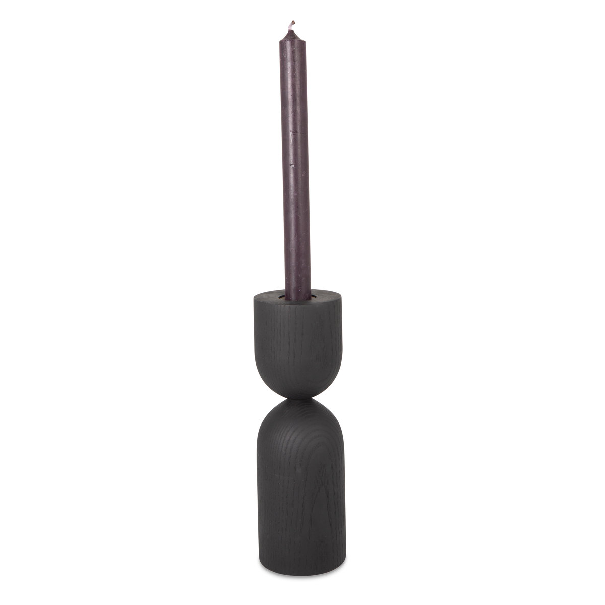 Turned from solid ebonized ash wood, the Hourglass Taper Candleholder feature distinct and eye-catching forms.
