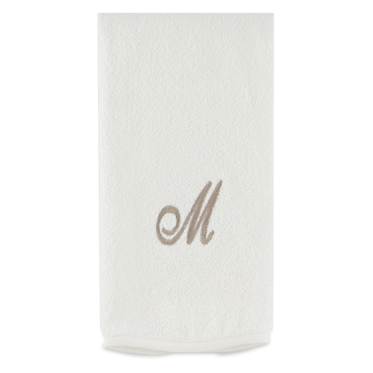 Monogrammed guest towel made of 100% white cotton with pewter/grey embroidered monogram.