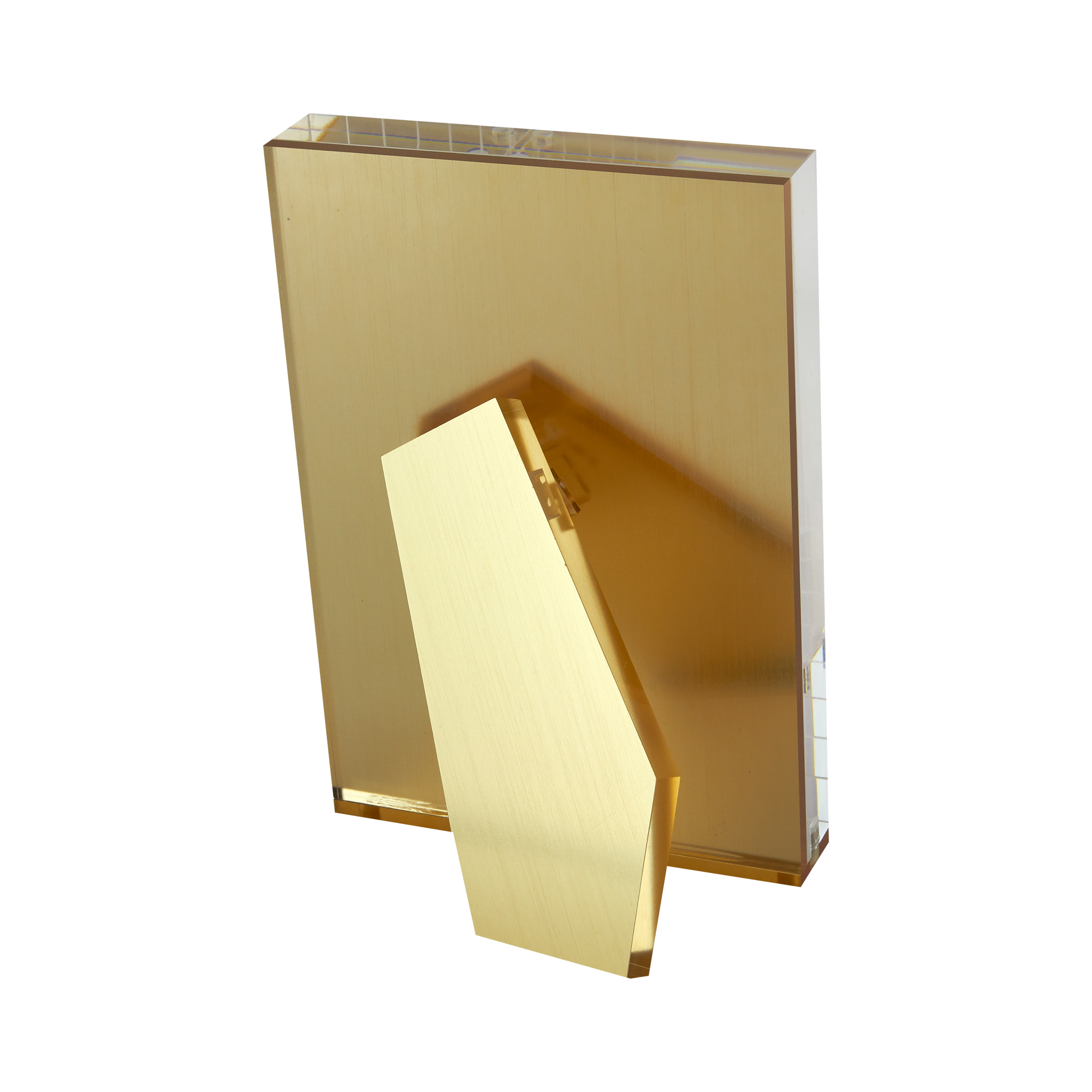 Acrylic picture frame with gold backing that will add stylish flair to any setting.