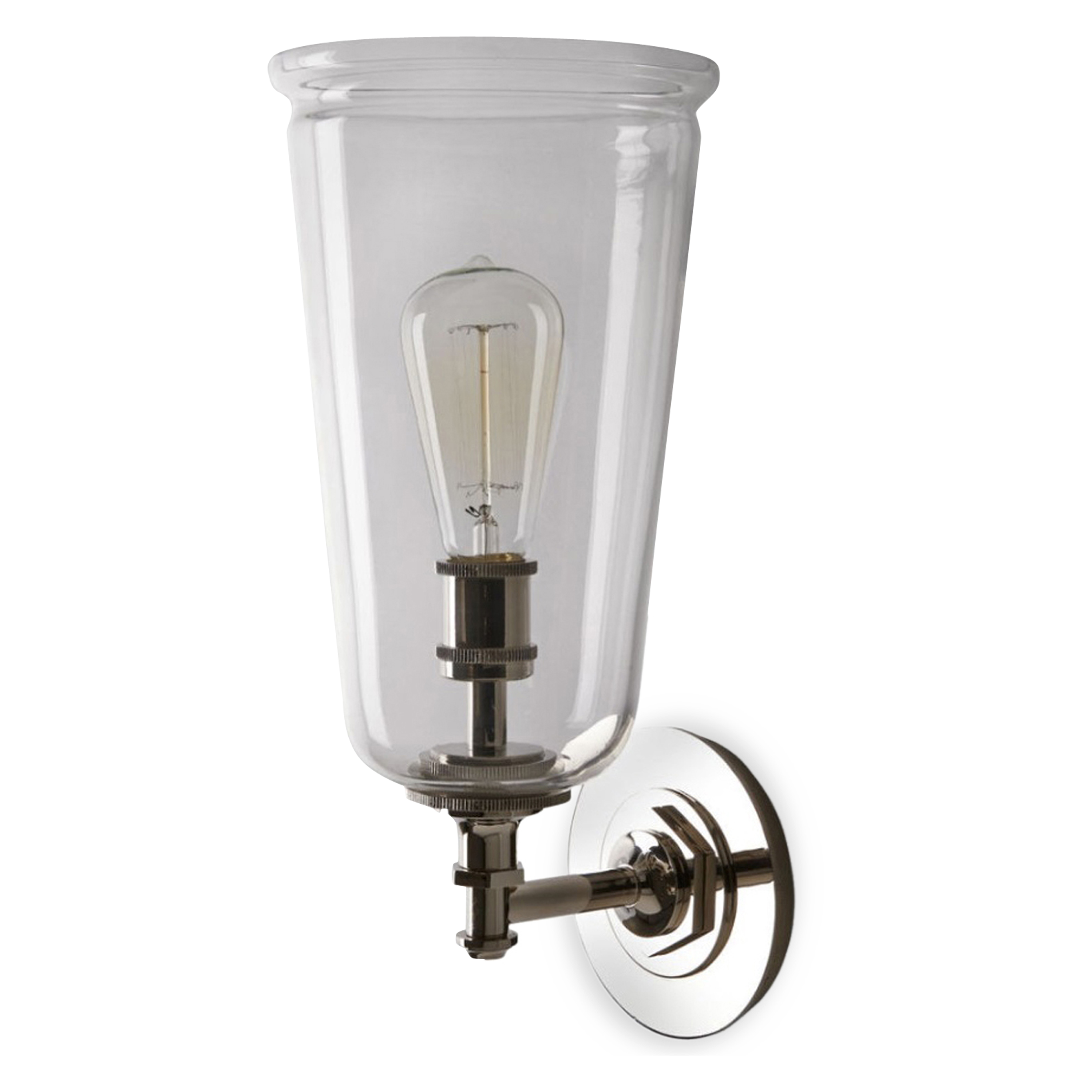 An industrial style sconce with a clear glass shade.