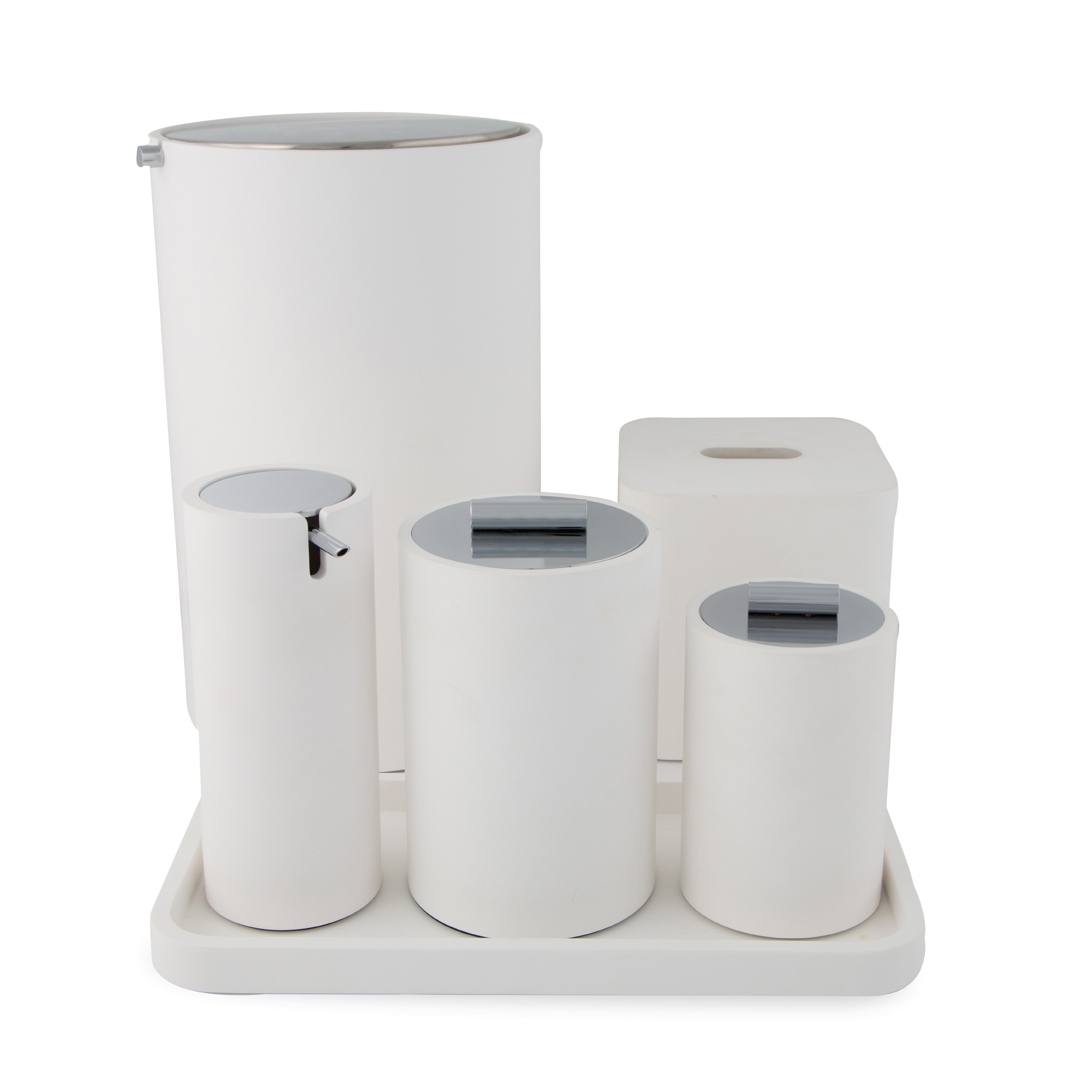 An elegant bath accessories collection in matte white with chrome details.