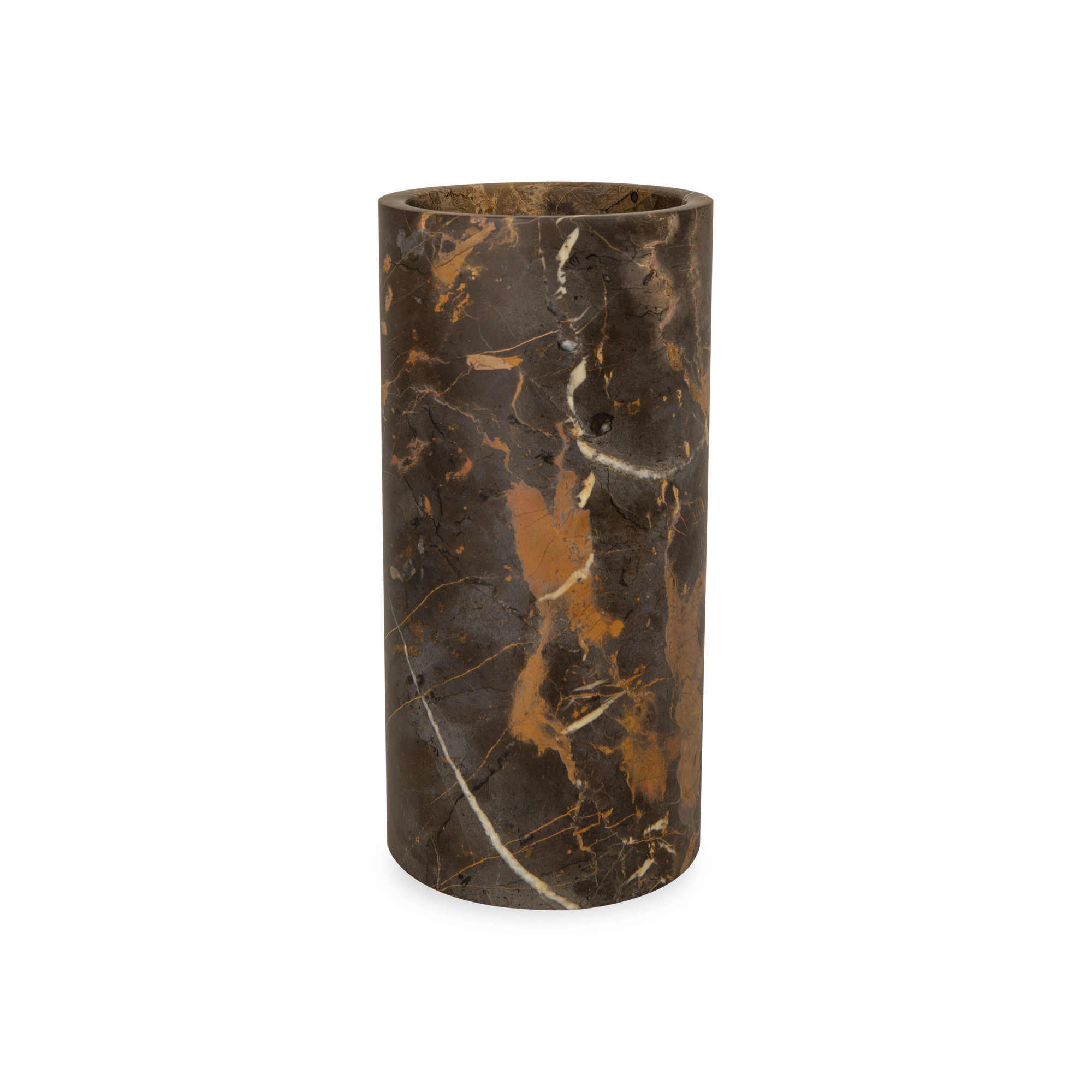 The Honed Marble Vase in black and gold marble vase strikes a moody yet dramatic statement.