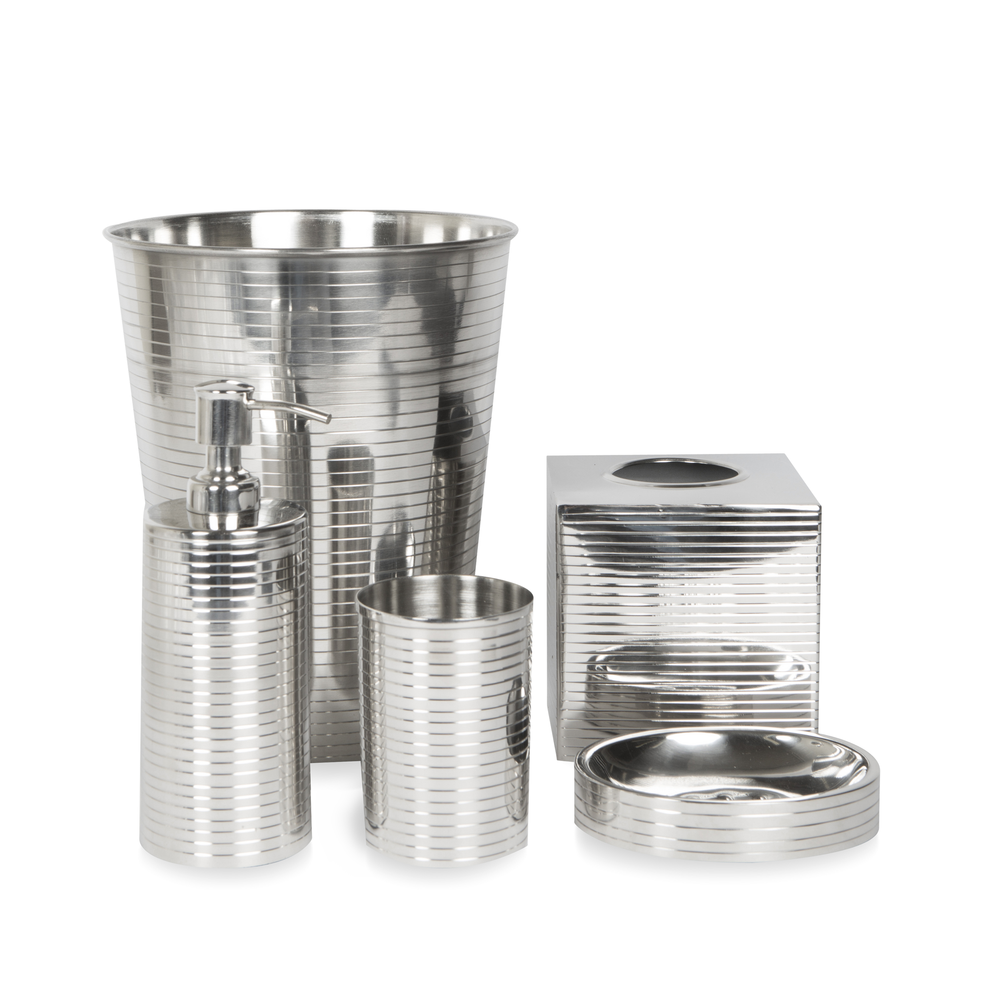 With a minimalist silhouette, the Axton Collection in stainless steel has a ribbed texture that makes in stand out in modern bathrooms.