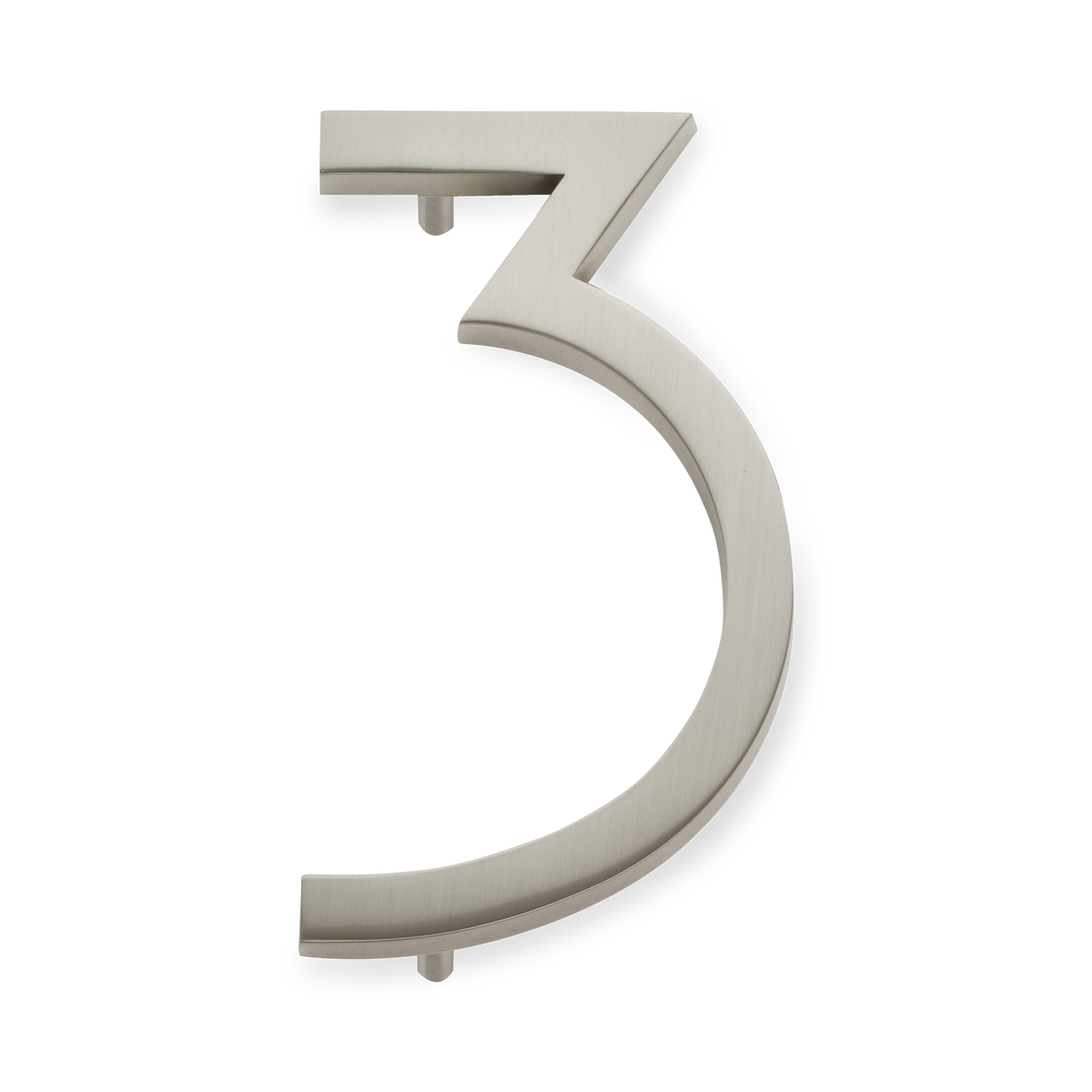 A seamless brushed nickel house number written in a narrow and modern font.