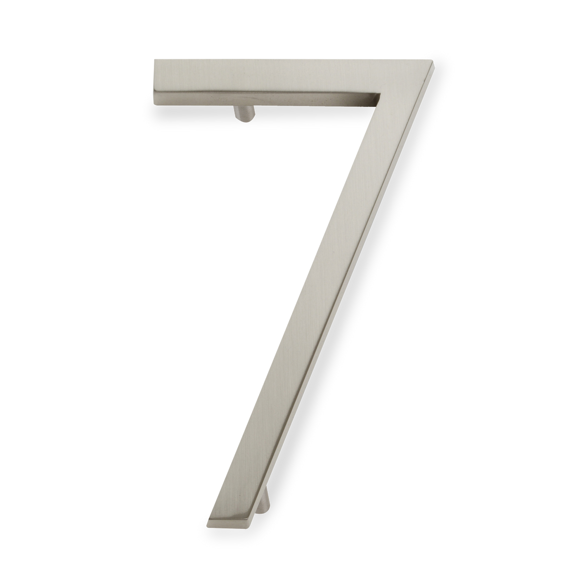 A seamless brushed nickel house number written in a narrow and modern font.