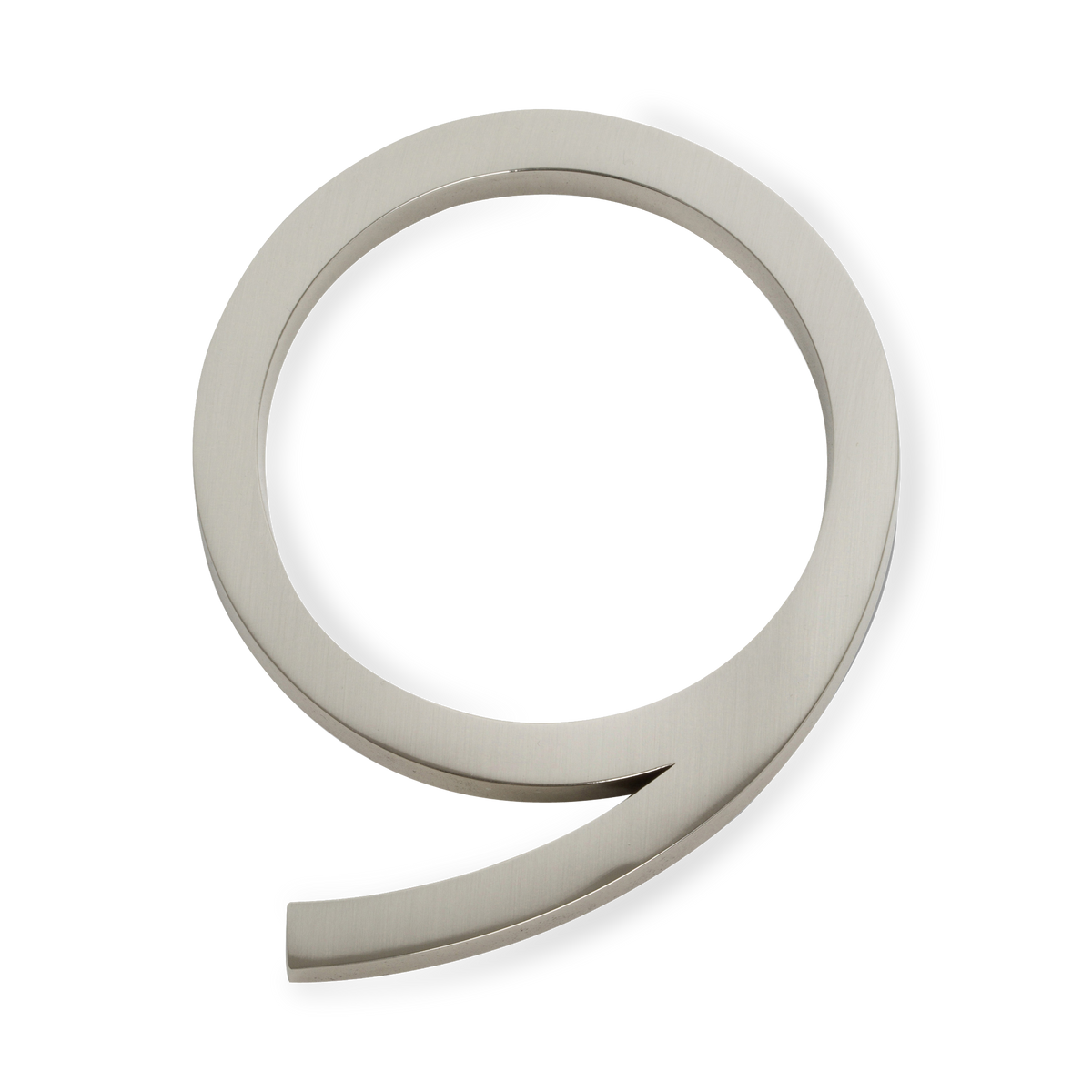 A seamless brushed nickel house number written in a narrow and modern font.