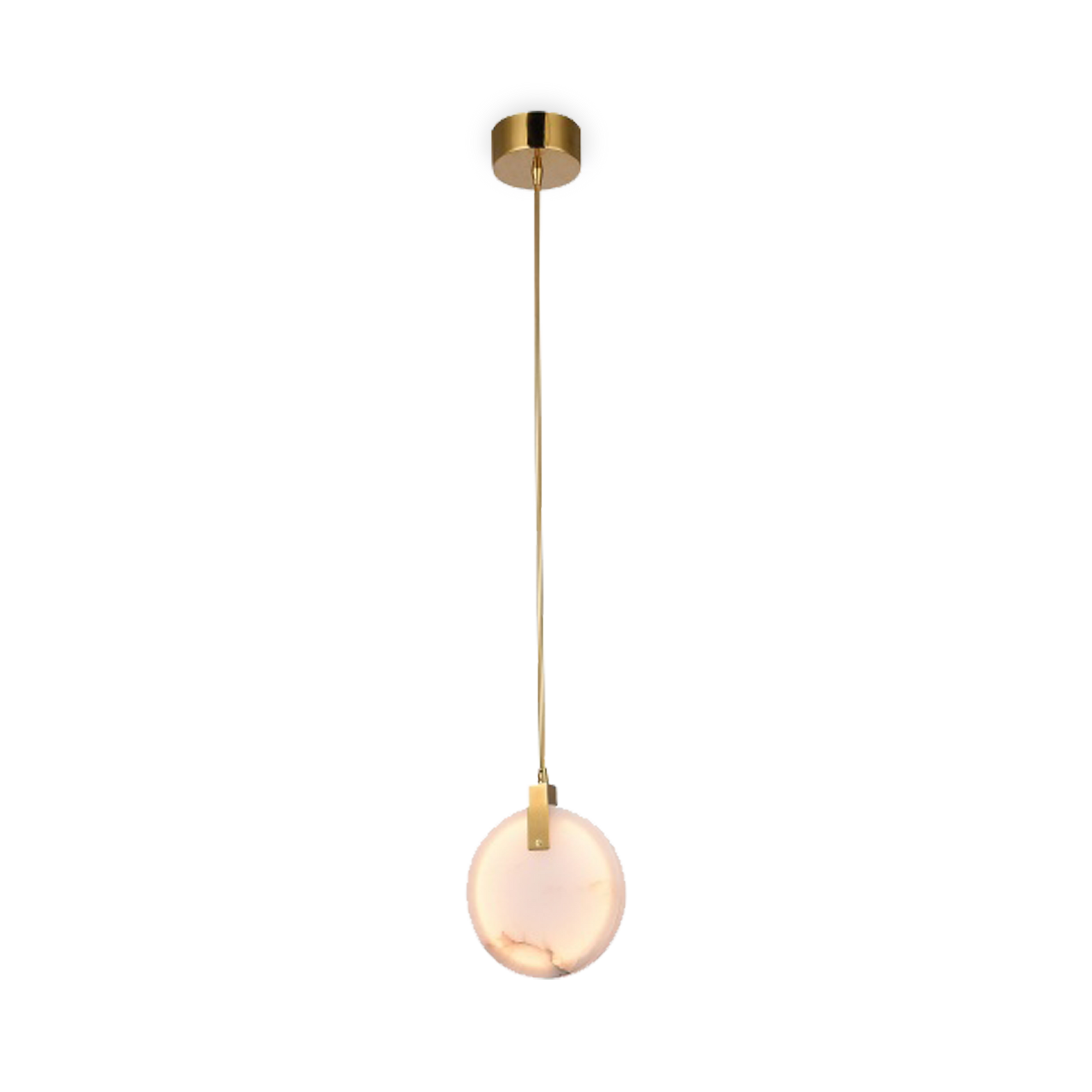 Single pendant LED light crafted in stainless steel with gold finish and a round spanish marble plaque.