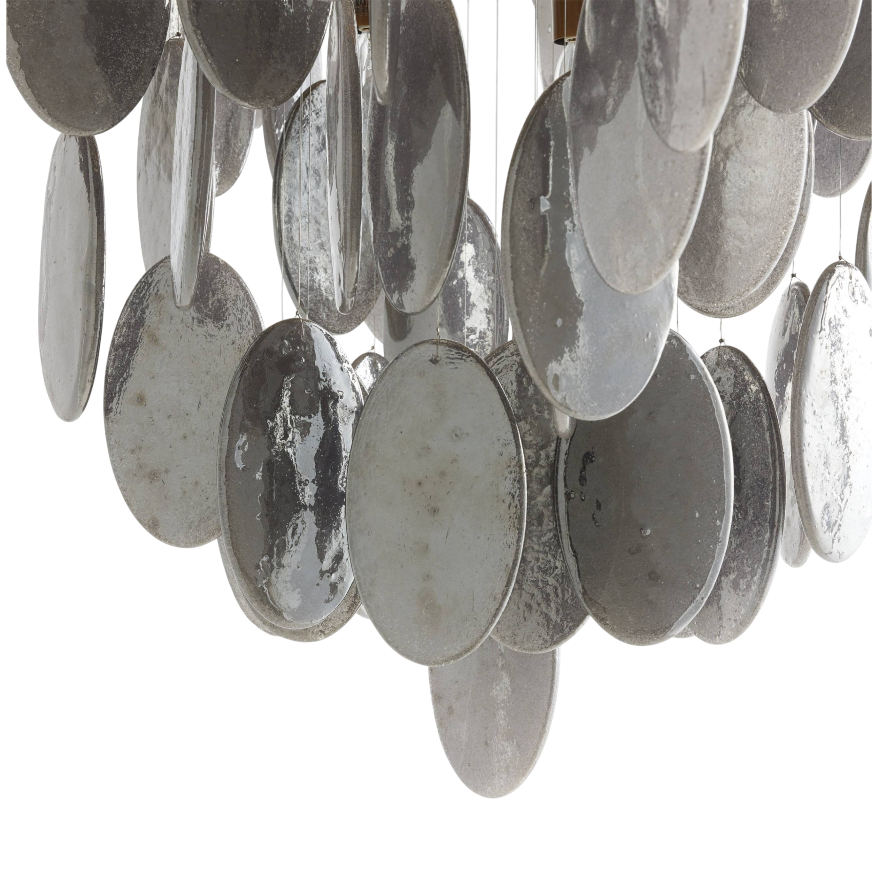 Close-up of the Tiffany Chandelier, highlighting the suspended oval glass discs with softly mottled surfaces and varied translucent finishes.