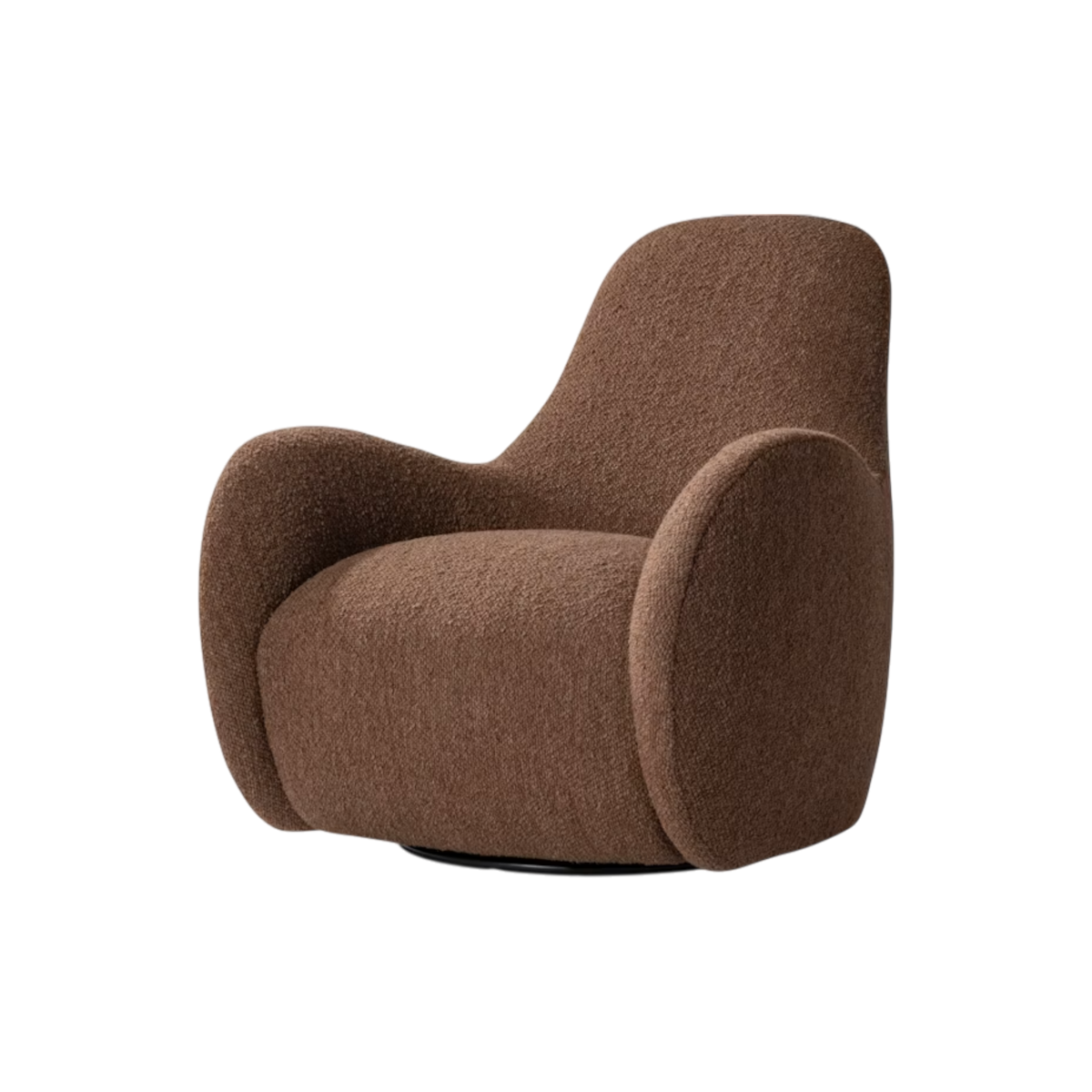 Angled view of the Tucci Swivel Chair highlighting its toffee boucle upholstery, generously rounded arms, and sculptural wraparound back.