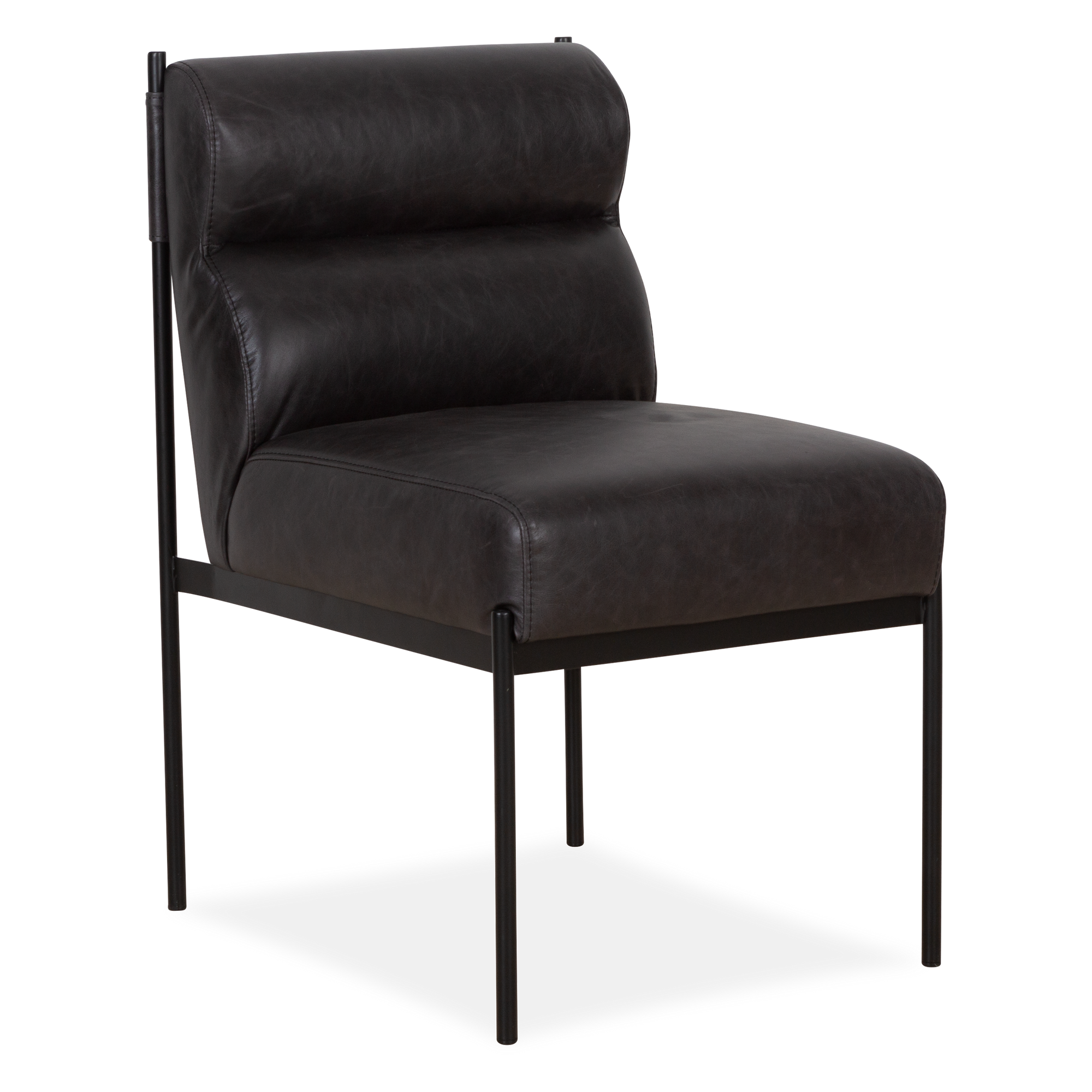 Sleek and sophisticated, the Shaw Chair features buttery top-grain leather with wide channeling for generous comfort, and slim, cage-like framing of black-finished iron for an effo