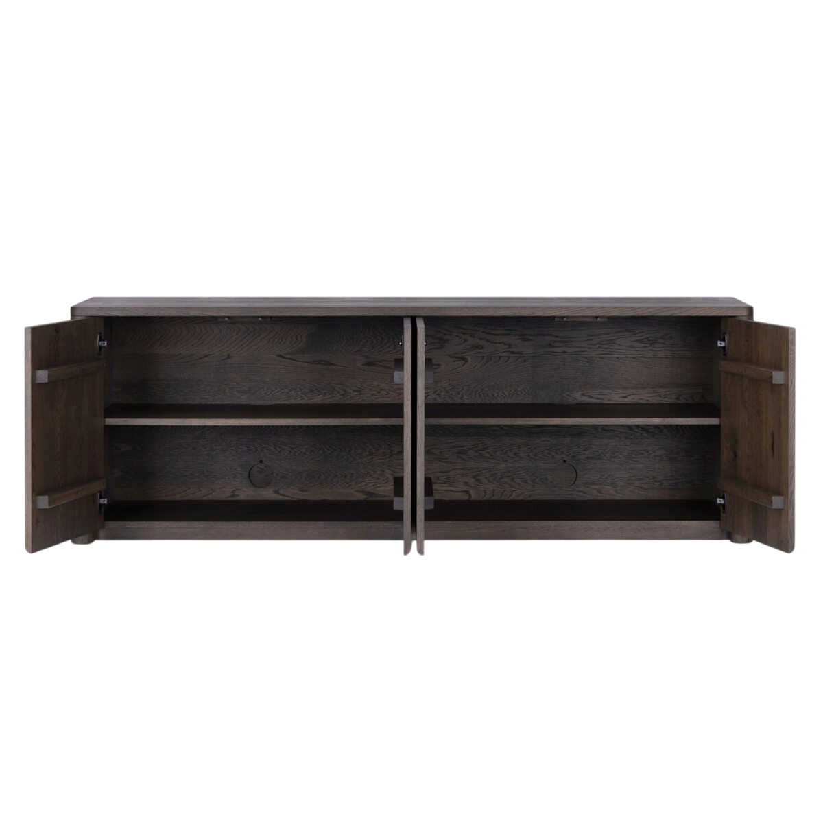 Hewitt Sideboard with all four doors open, revealing spacious interior compartments with adjustable wood shelving.