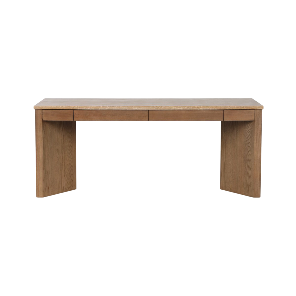 Cobble Desk with warm amber travertine top, natural oak panel legs and four streamlined hardware-free drawers across the front.