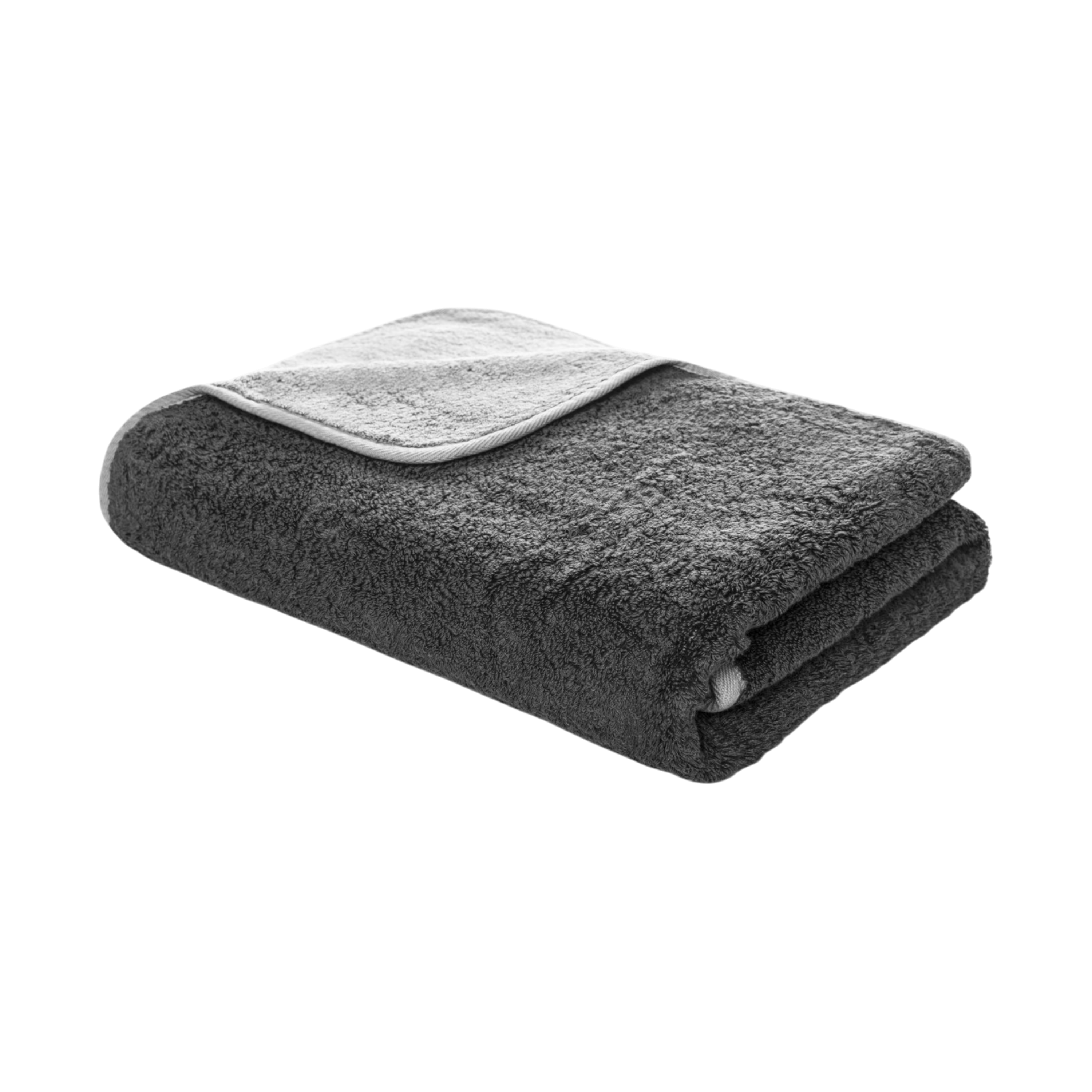 Bicolore Bath Towel in Storm/Silver, folded to show the deep storm-grey terry exterior and contrasting soft silver reverse with light binding.