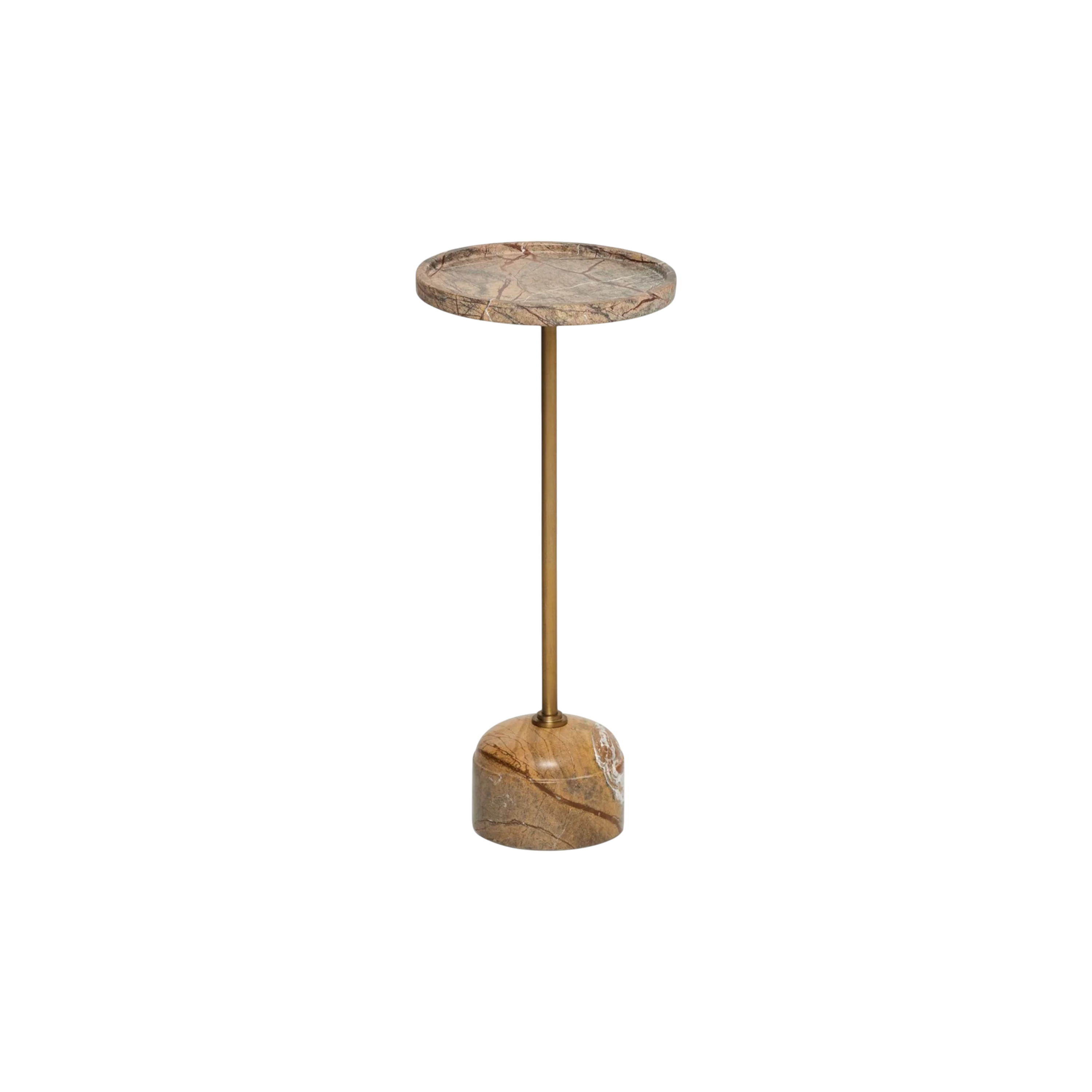 Canyon side table. A small round side table with a polished gold brass central stem and a circular stone base and top featuring a warm brown and beige marble pattern, isolated on a white background.