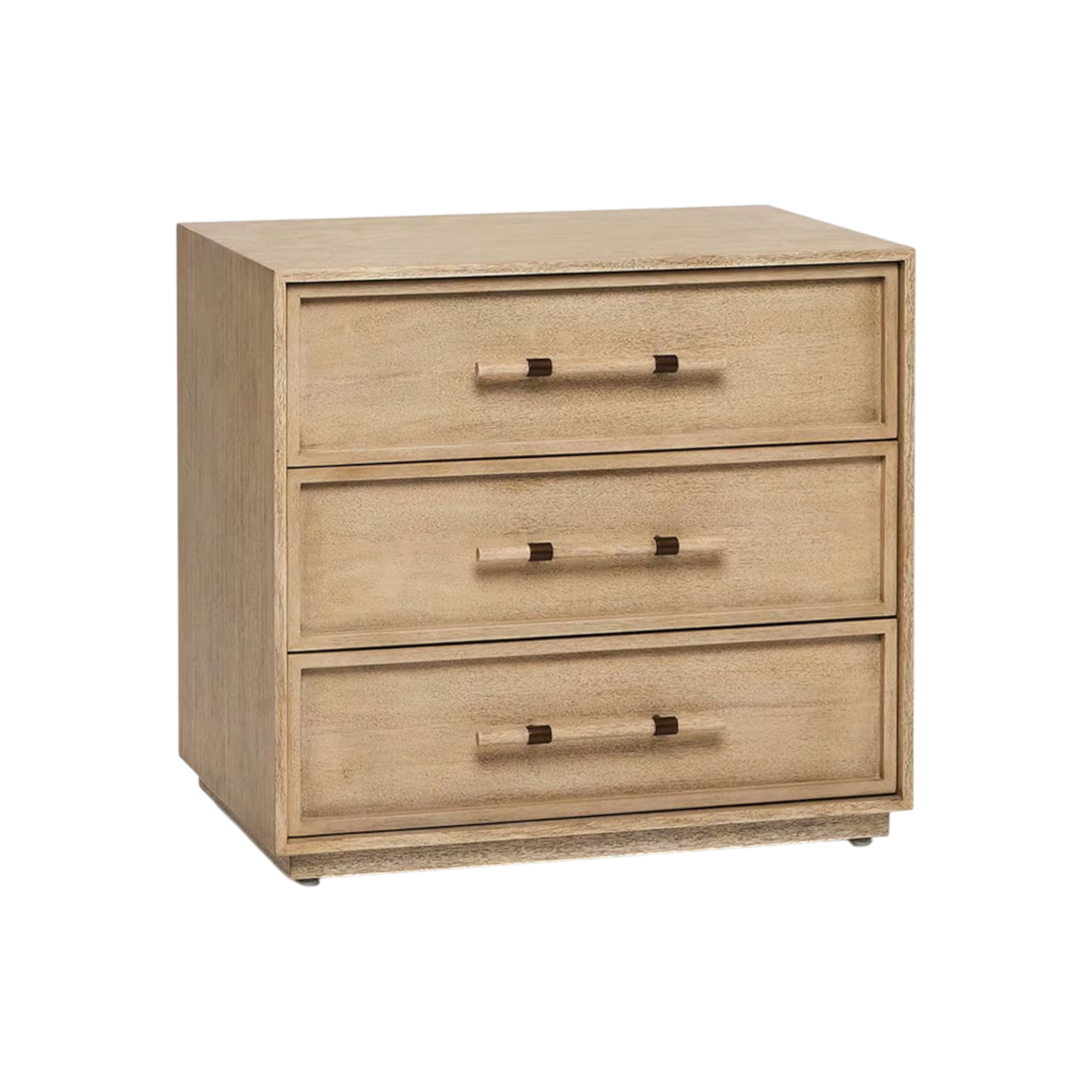 Angled view of the Sable Nightstand highlighting its three-drawer design, architectural frame and softly textured light wood finish.