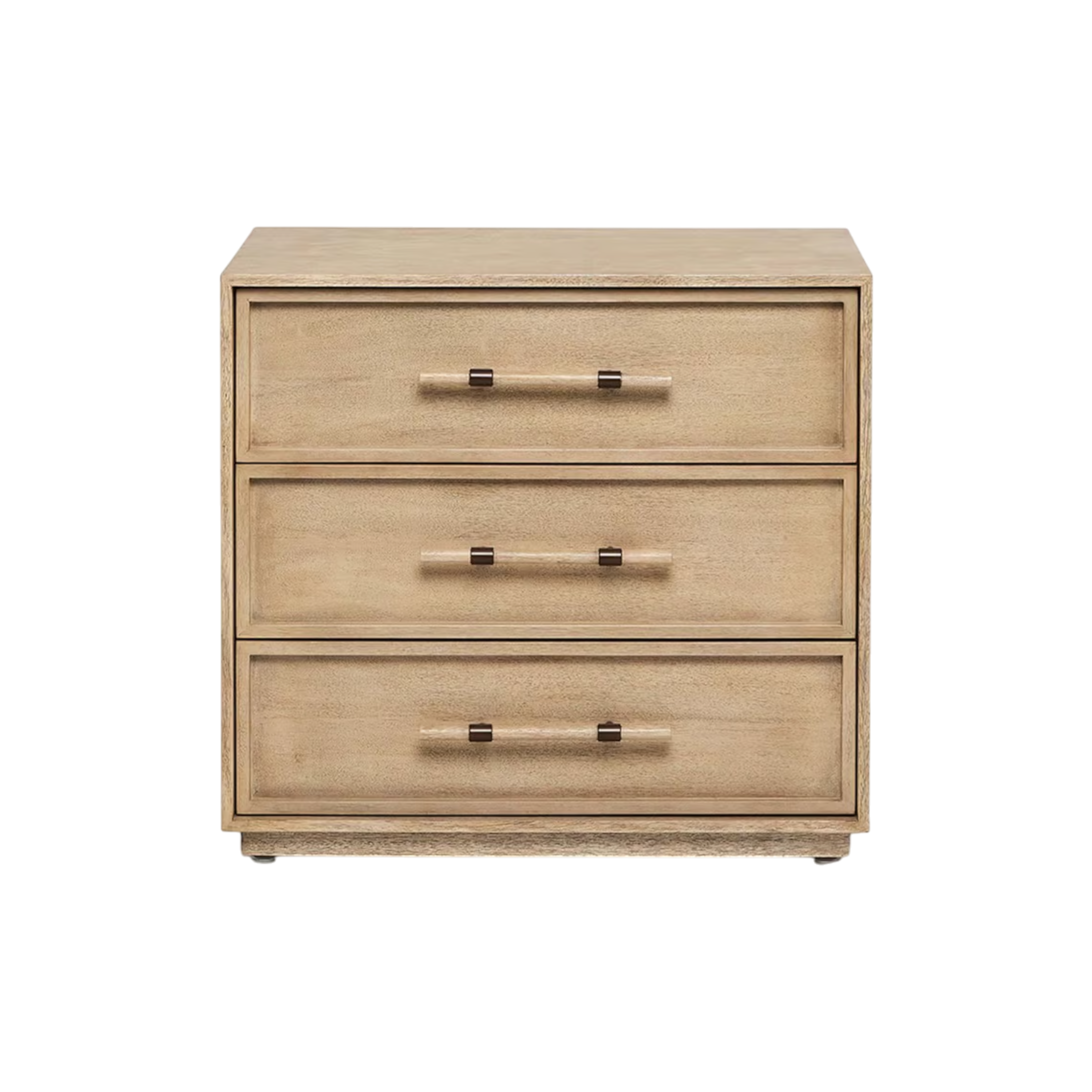Front view of the Sable Nightstand in a softly washed light wood finish with three inset drawers and dark metal-accented wood pulls.