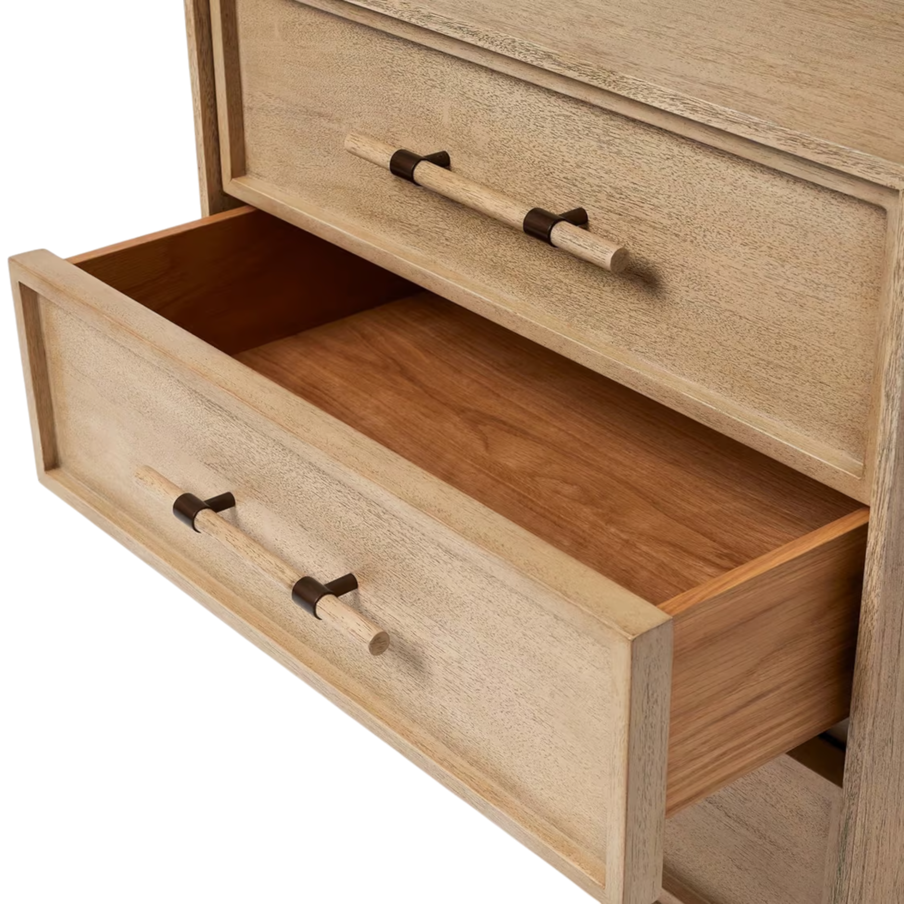 Detail of the Sable Nightstand with one drawer open, revealing the warm wood interior and recessed drawer construction.