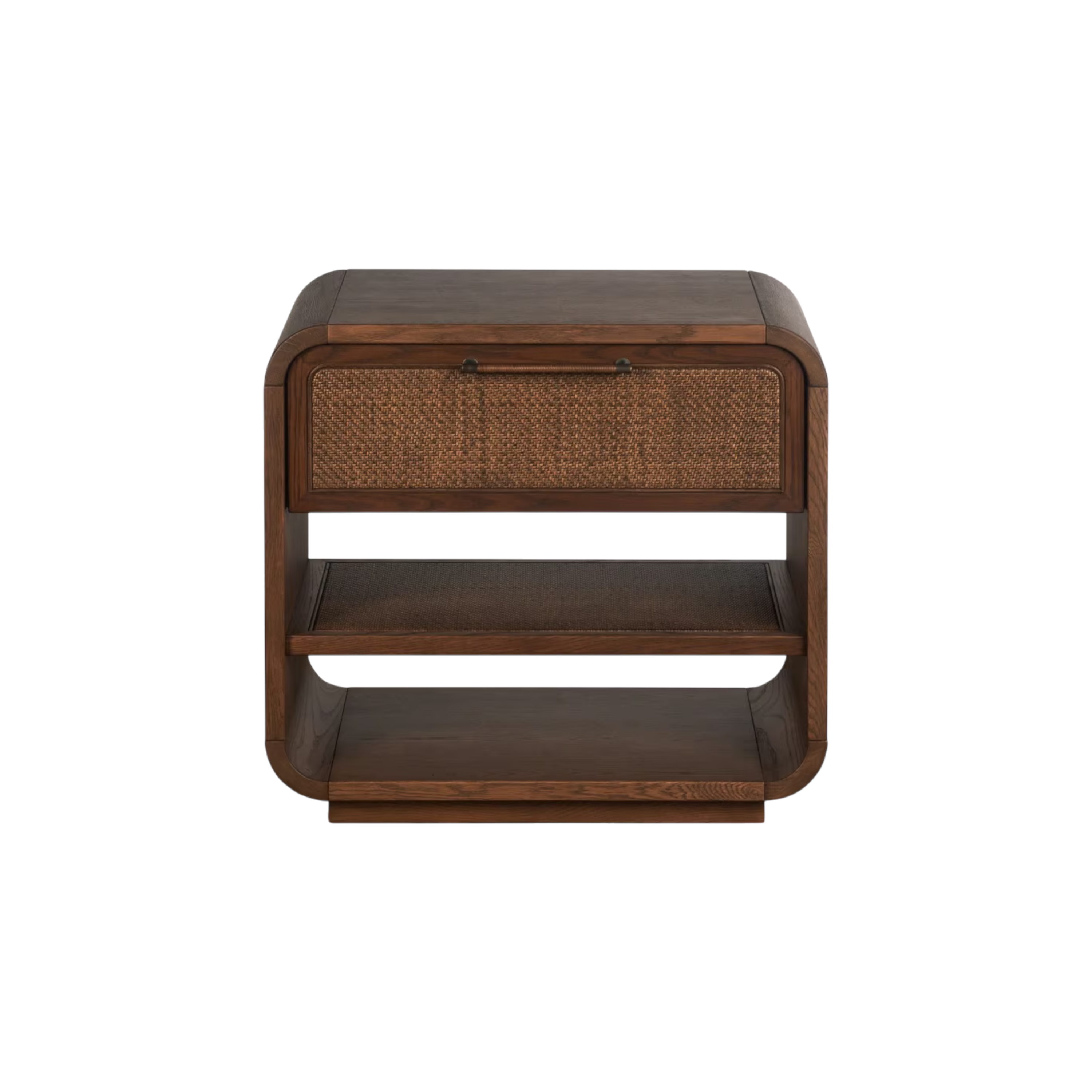 Front view of Cabo Nightstand with woven drawer, textured shelf and lower storage