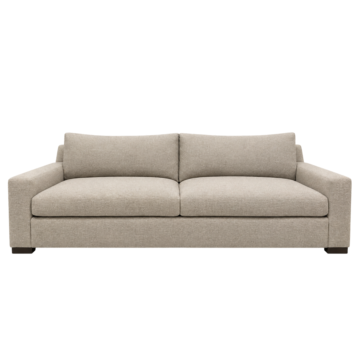Solano Sofa shown from the front in heathered taupe woven fabric, with two deep seat cushions, two loose back cushions and wide track arms above dark block feet.