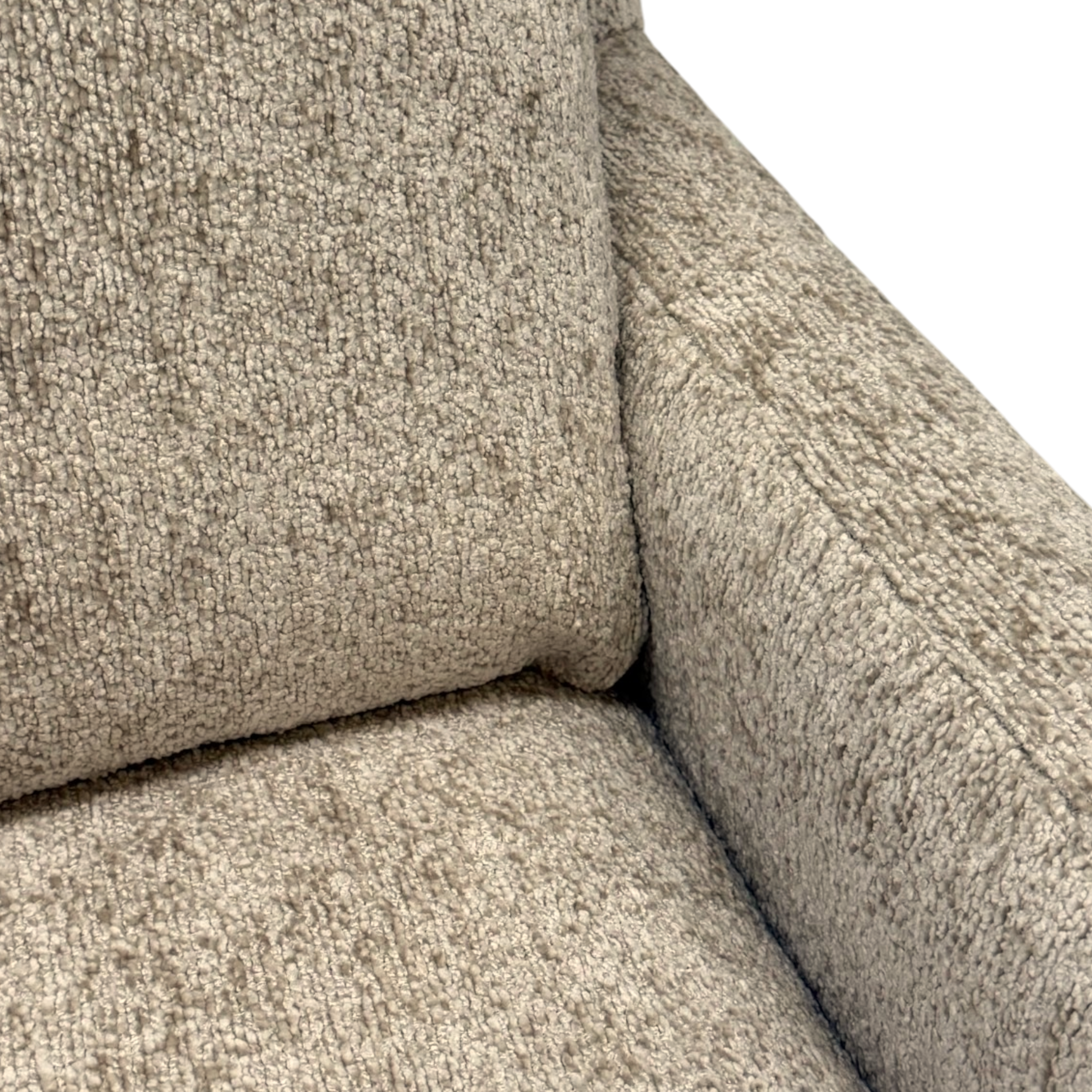 Detail view of the Weston Sofa highlighting the nubby texture and warm neutral tones of the Foundry Sand chenille fabric.