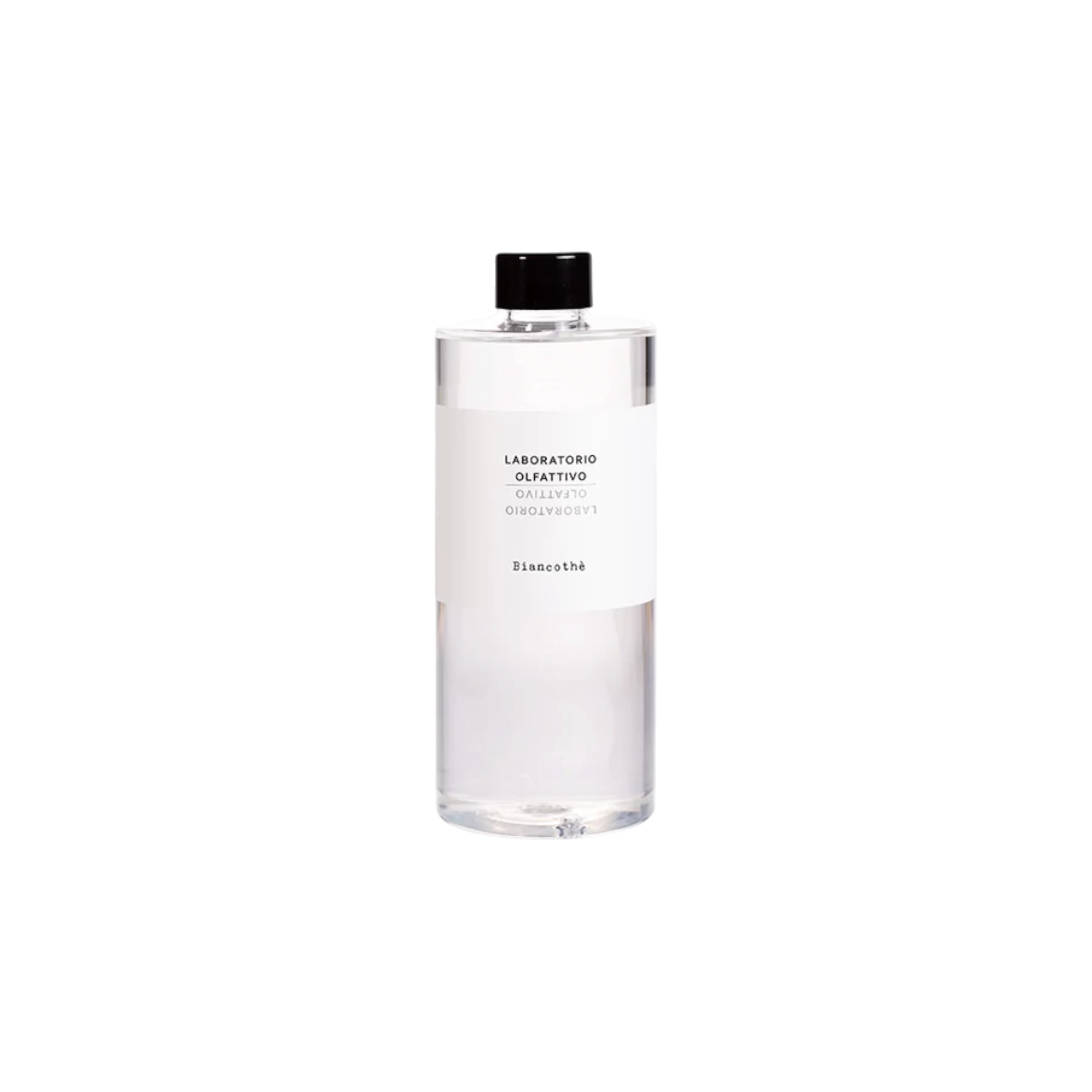 A clear glass bottle of Laol Diffuser Biancothe Refill with a white label and a black cap, centered on a plain white background.