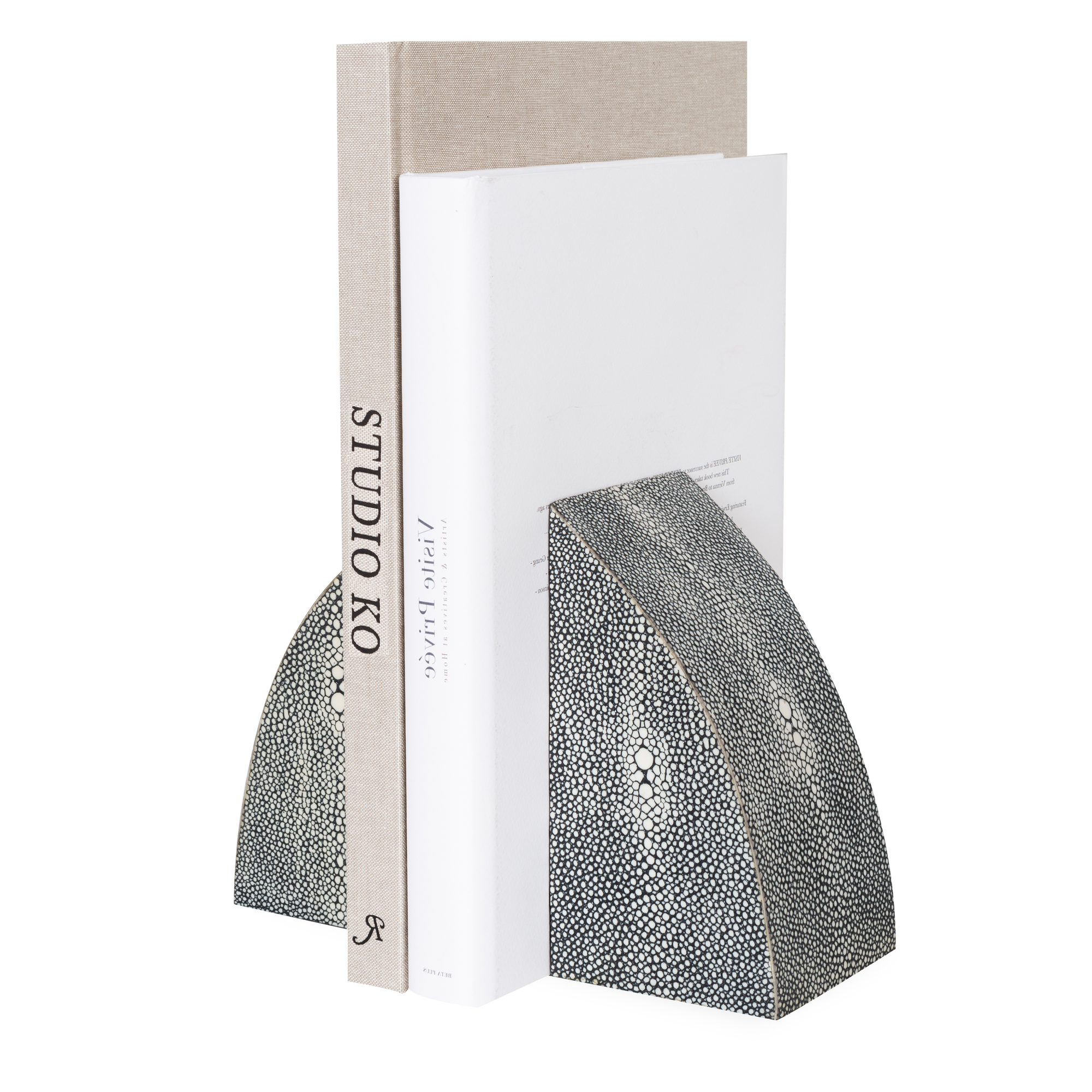The Faux Shagreen Bookends feature a textured pattern in a light grey pattern with a curved edge.