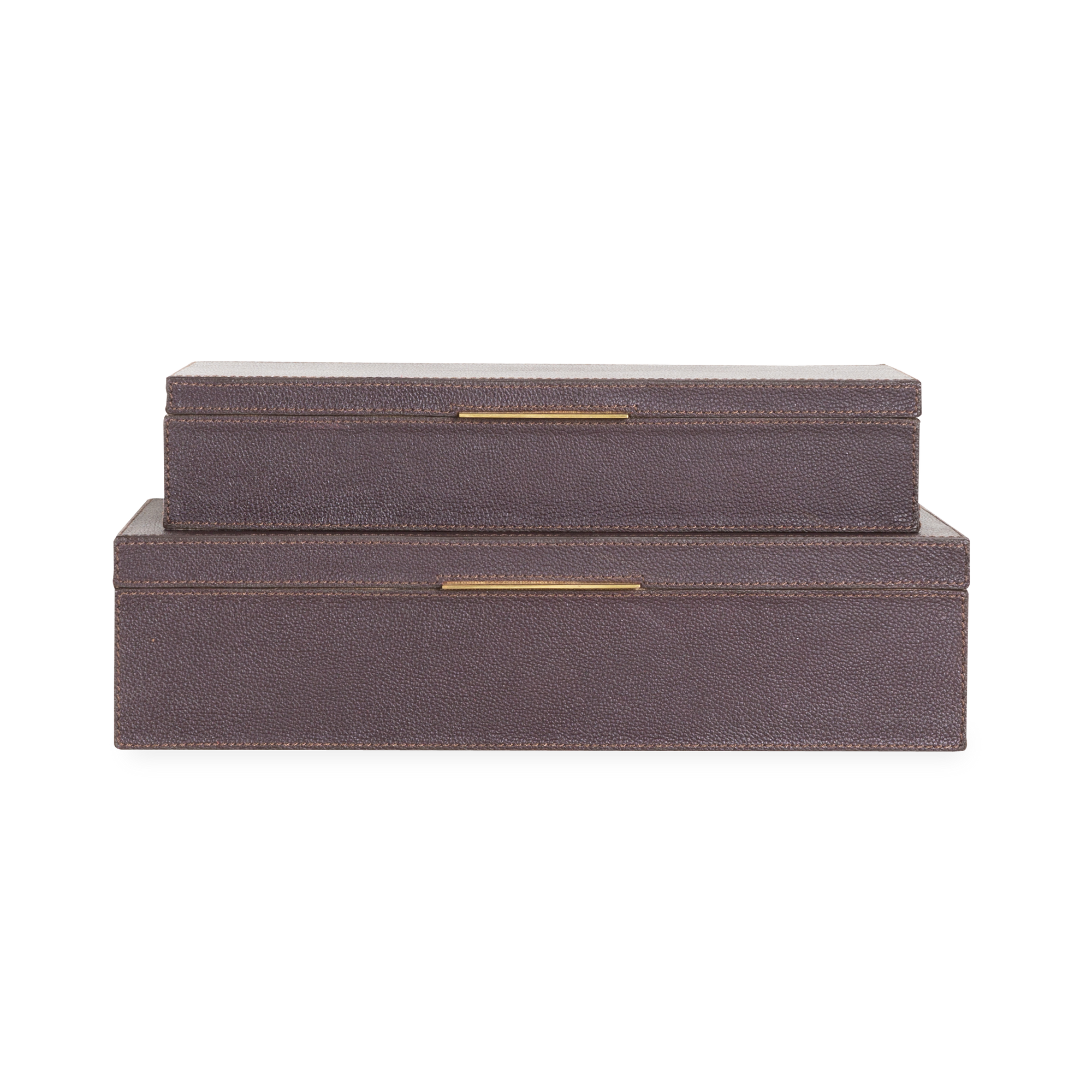 Offering a luxurious aesthetic with its lavish leather exterior and brass detailing, the Ralston Leather Boxes in Aubergine provide an elegant complement to your countertop collect