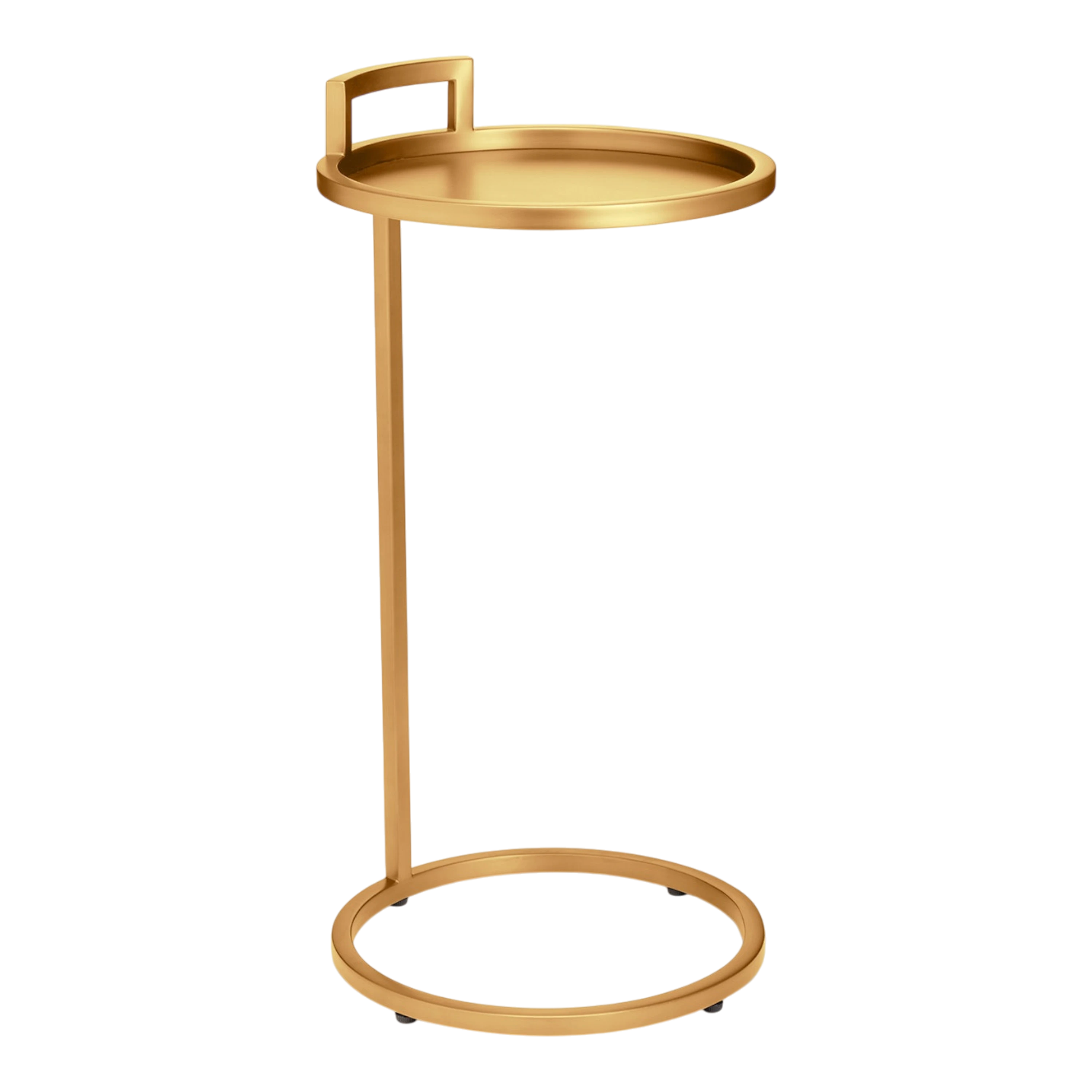 Taryn Side Table in brushed gold stainless steel with a round tray top, integrated rectangular handle, slim cantilevered support and open circular base.
