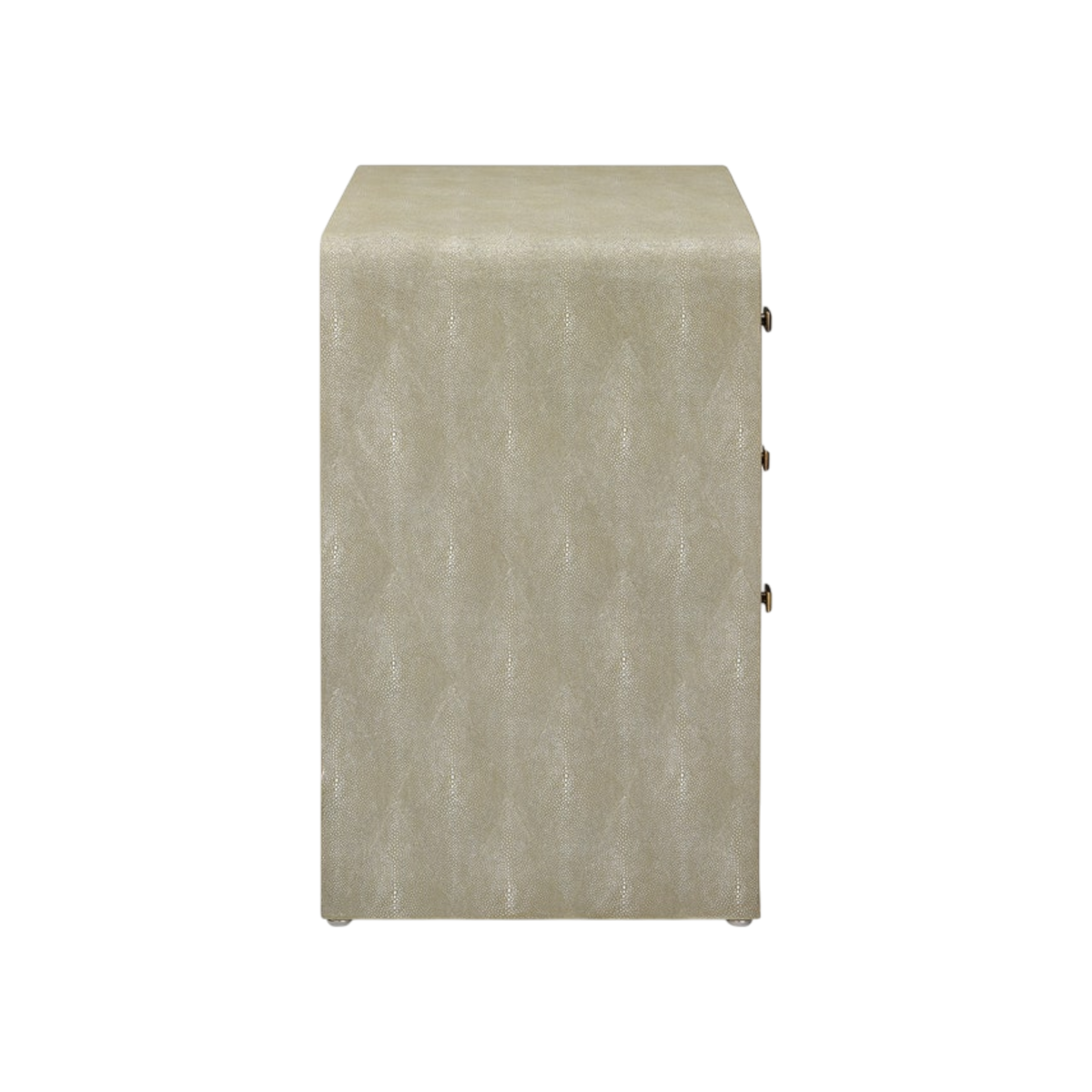 Harlow Nightstand in Soft Sage faux shagreen shown from the side, with a continuous wrapped panel, fine scale-pattern texture and drawer pulls at the edge.