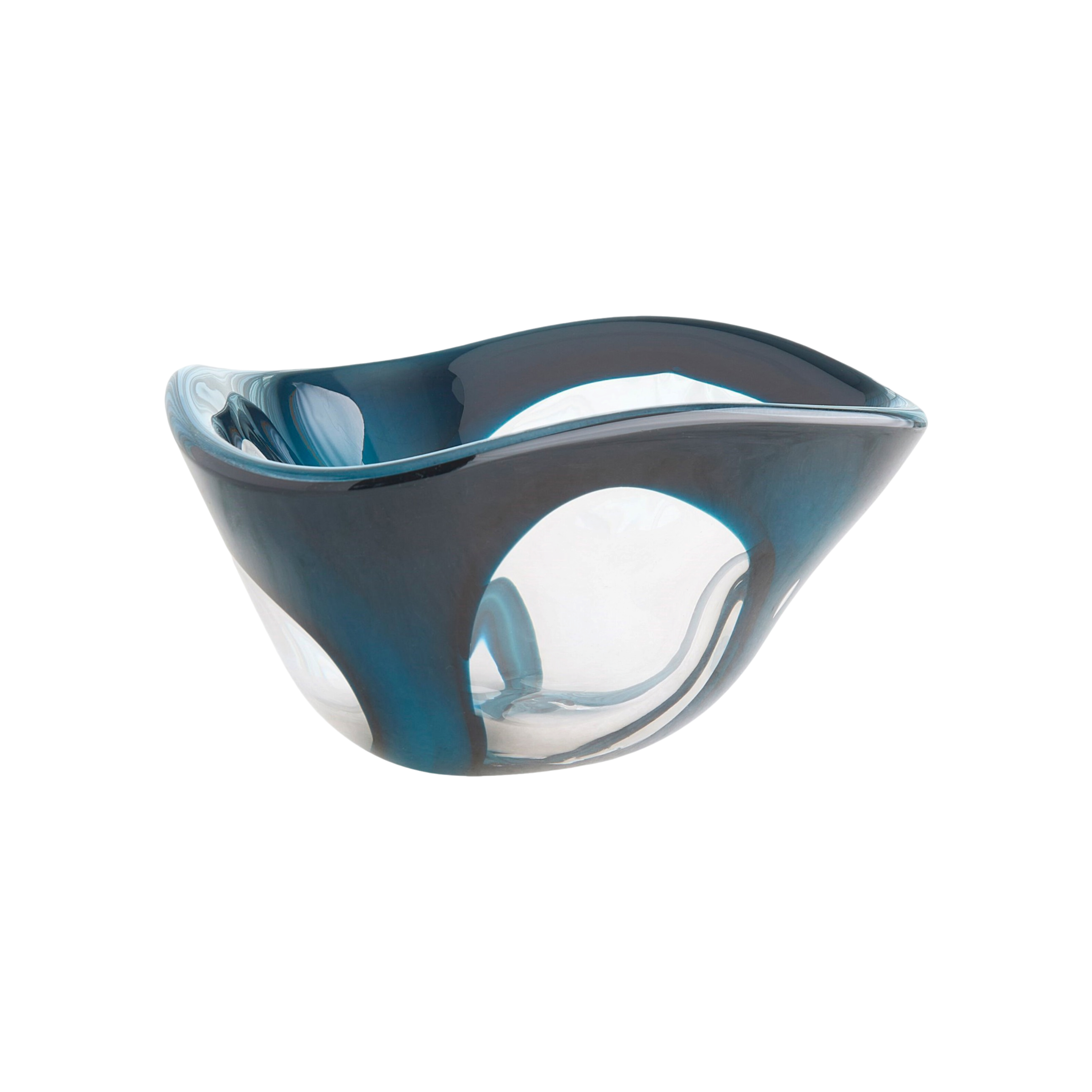 Two-Tone Art Glass Bowl Blue, front view, with sculptural asymmetrical form, deep blue glass and clear transparent accents.