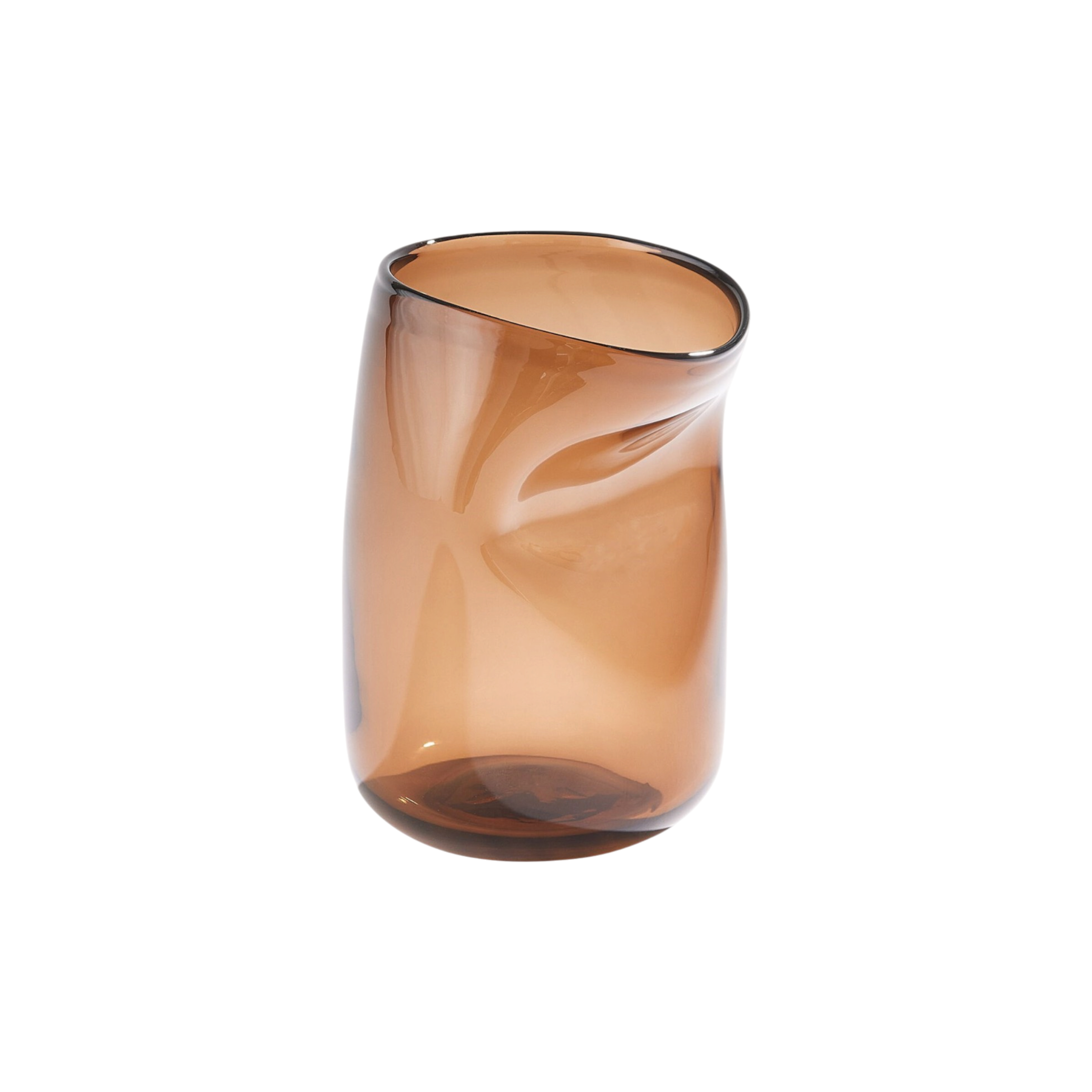 Contour Vase 9" Tobacco in translucent amber glass with a softly curved silhouette, slanted rim and sculptural indentation.