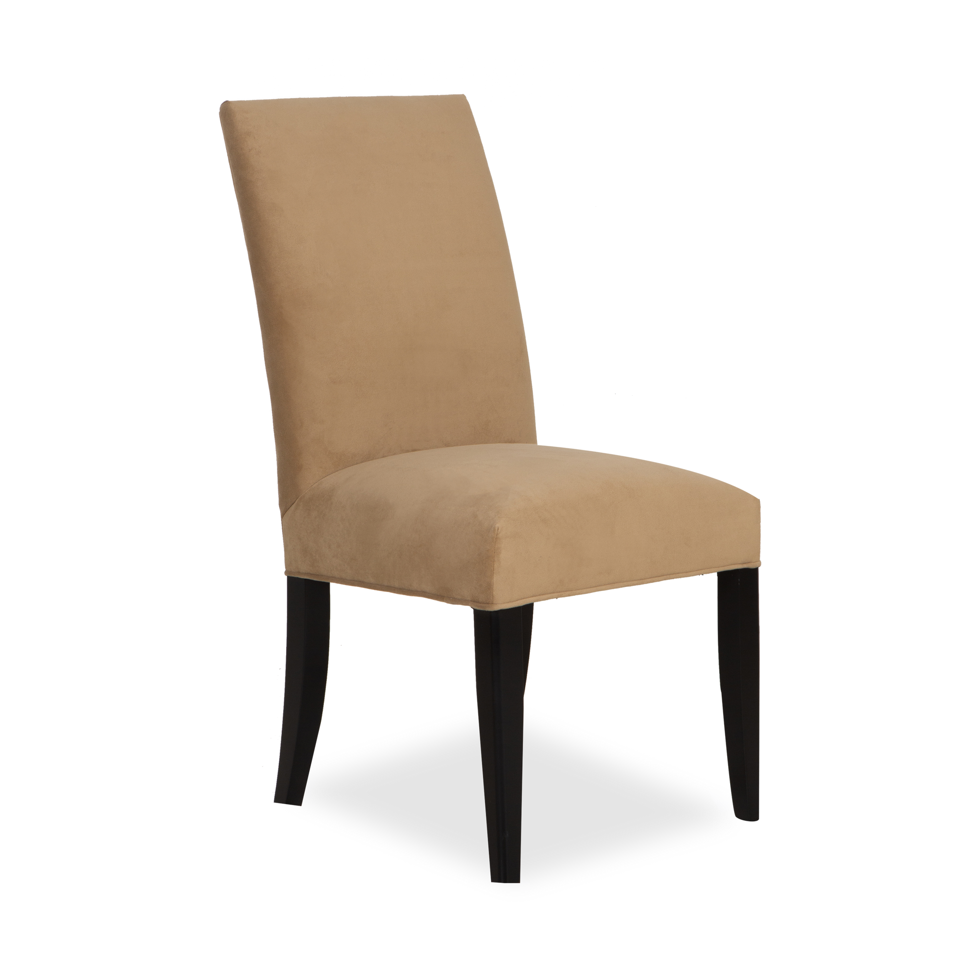 The Shelley Side Chair features beige upholstery atop black legs.
