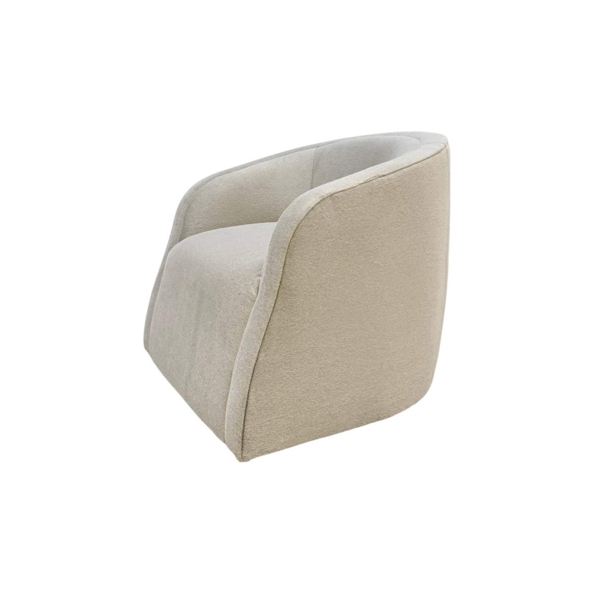 Bailey Swivel Chair rear angled view showing the sculpted wraparound back and seamless ivory upholstered silhouette.