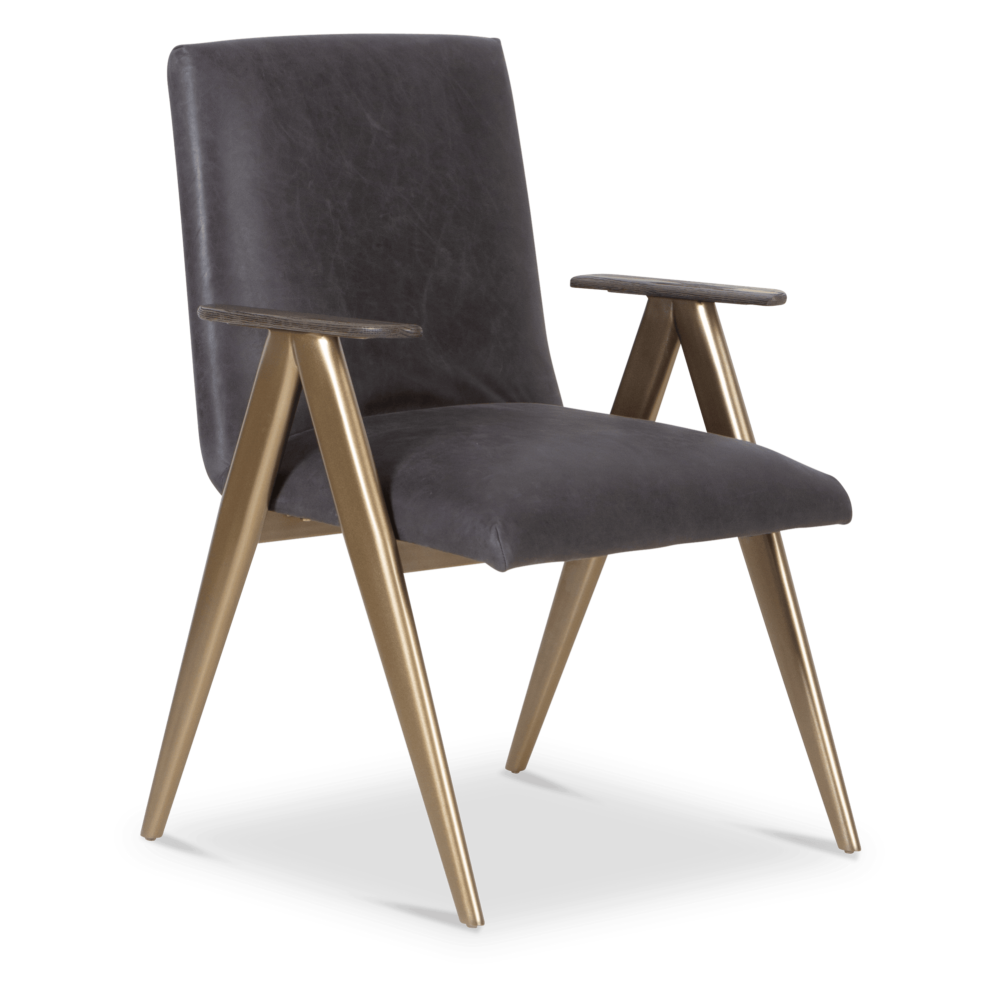 The Sanford Chair features inverted V-shaped legs in a brushed brass finish and a well-tailored seat wrapped in top-grain leather.