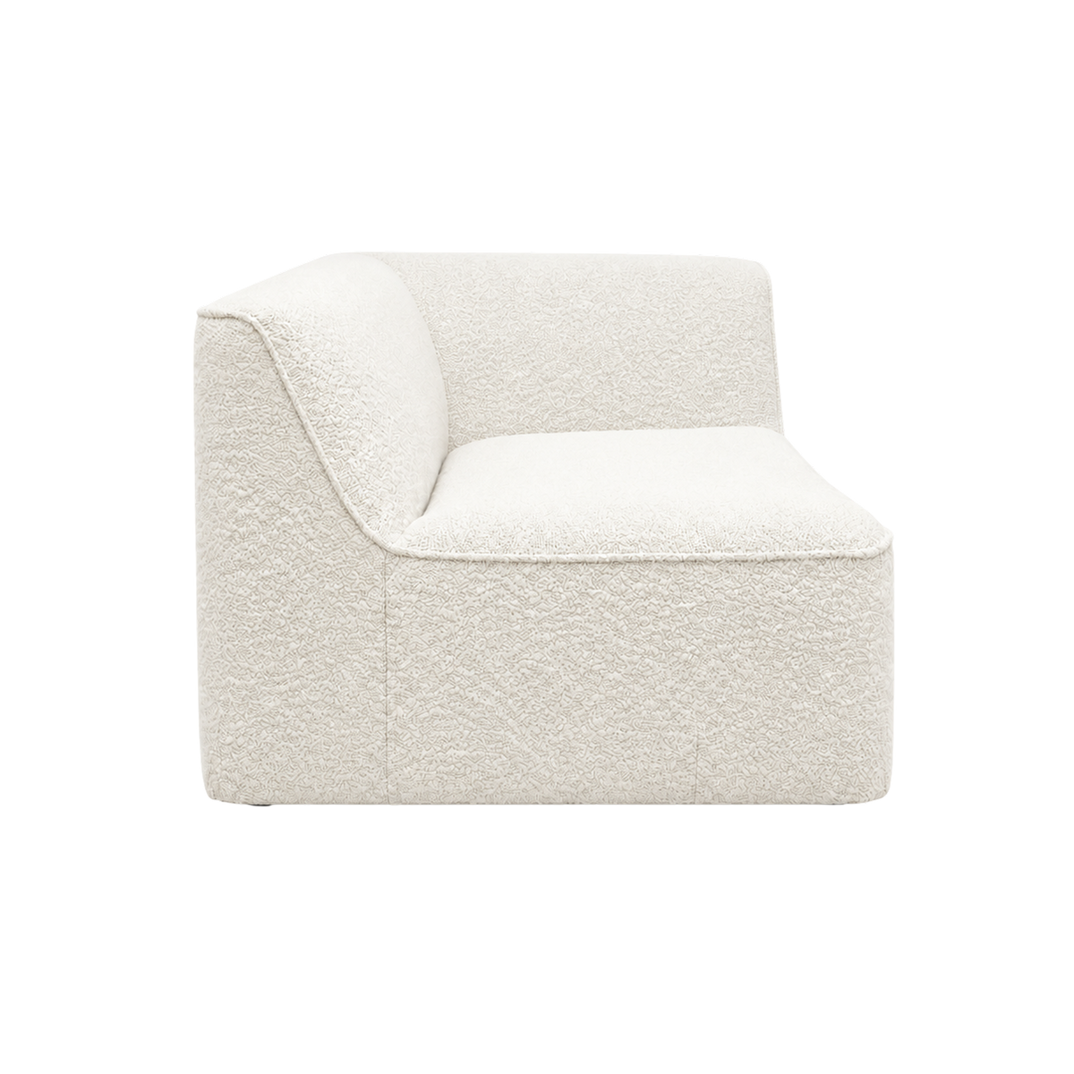 Bento Modular LAF Chair shown at a three-quarter angle in ivory bouclé, with the back curving into a rounded left arm, a plush seat and softly rounded base corners.