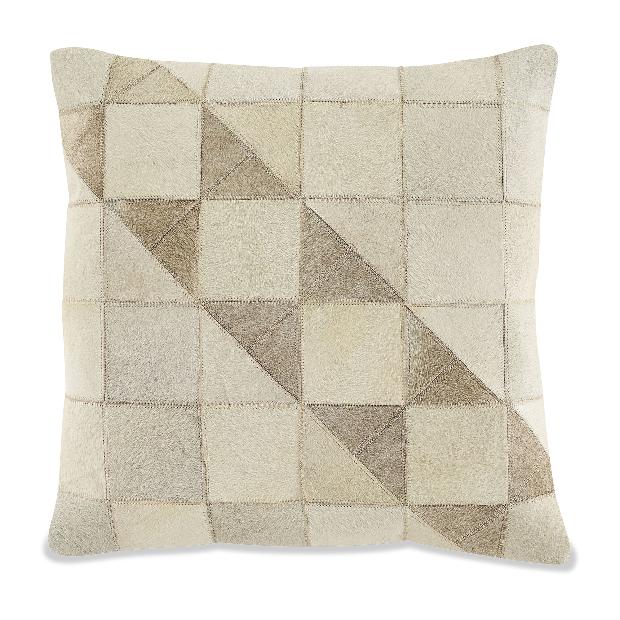 The detail and finish of the Tonal Triangles Hide Pillow featuring leather geometric detailing and a cotton back.