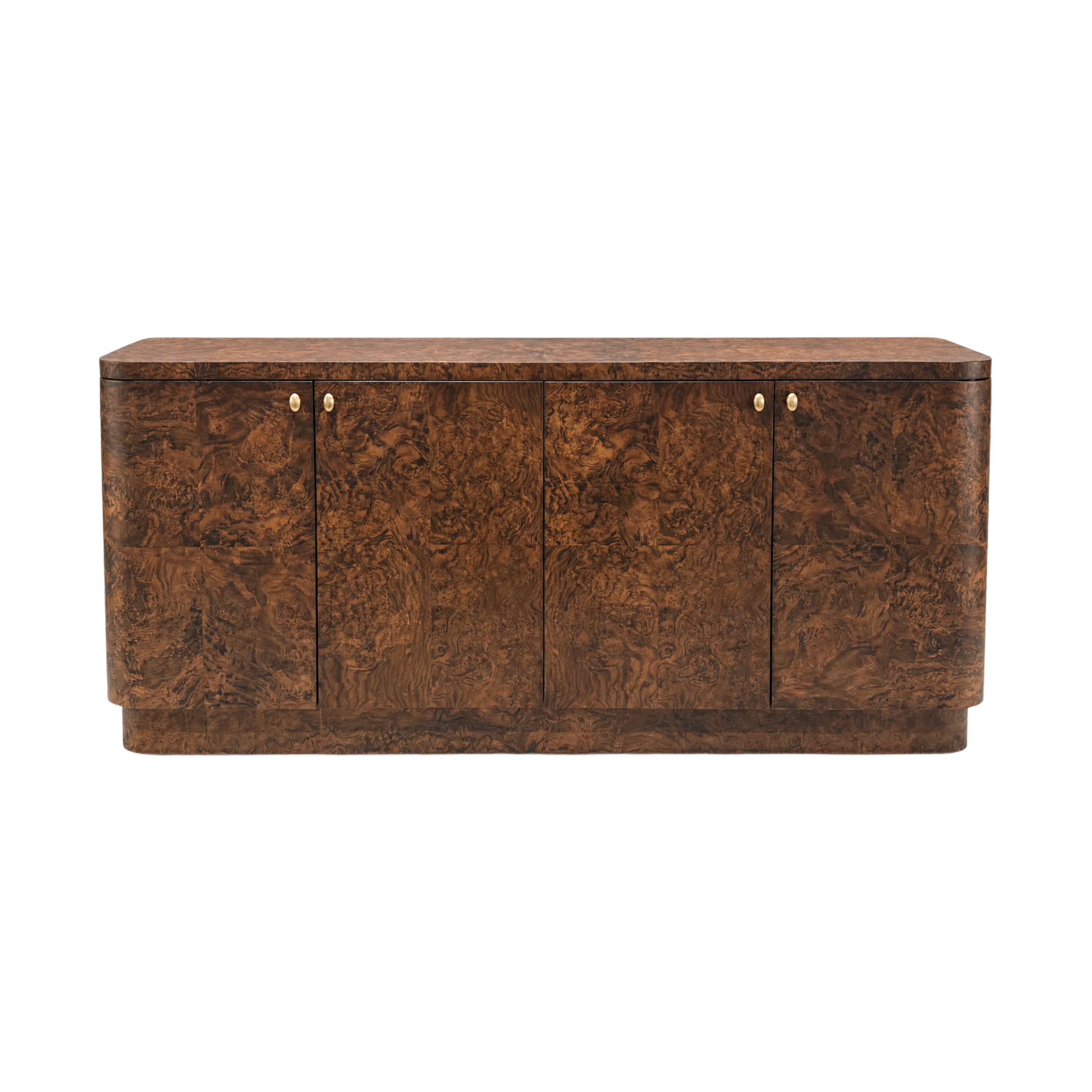 Bettencourt Sideboard in richly figured brown burl wood, shown from the side with rounded corners and a streamlined architectural profile.