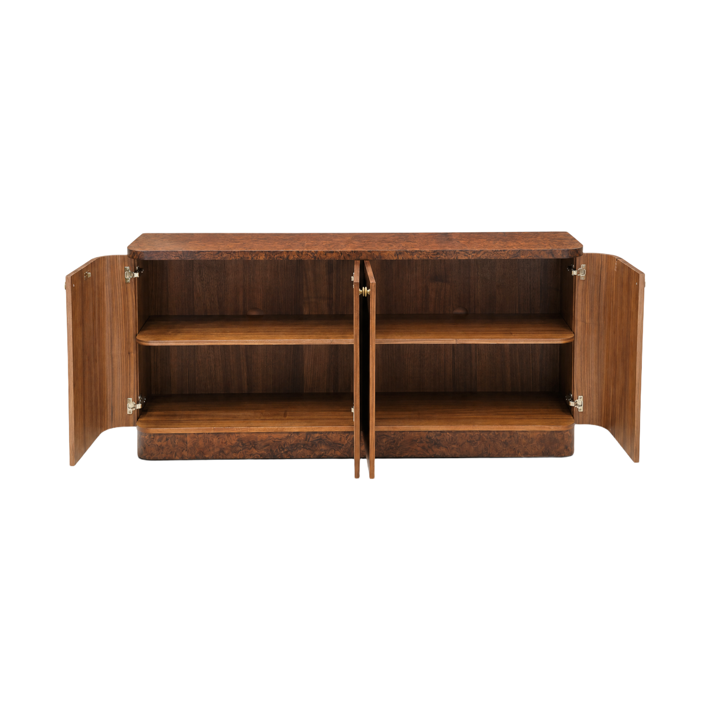 Bettencourt Sideboard front view featuring warm brown burl wood grain, four cabinet doors, rounded corners and petite brass-toned knobs.