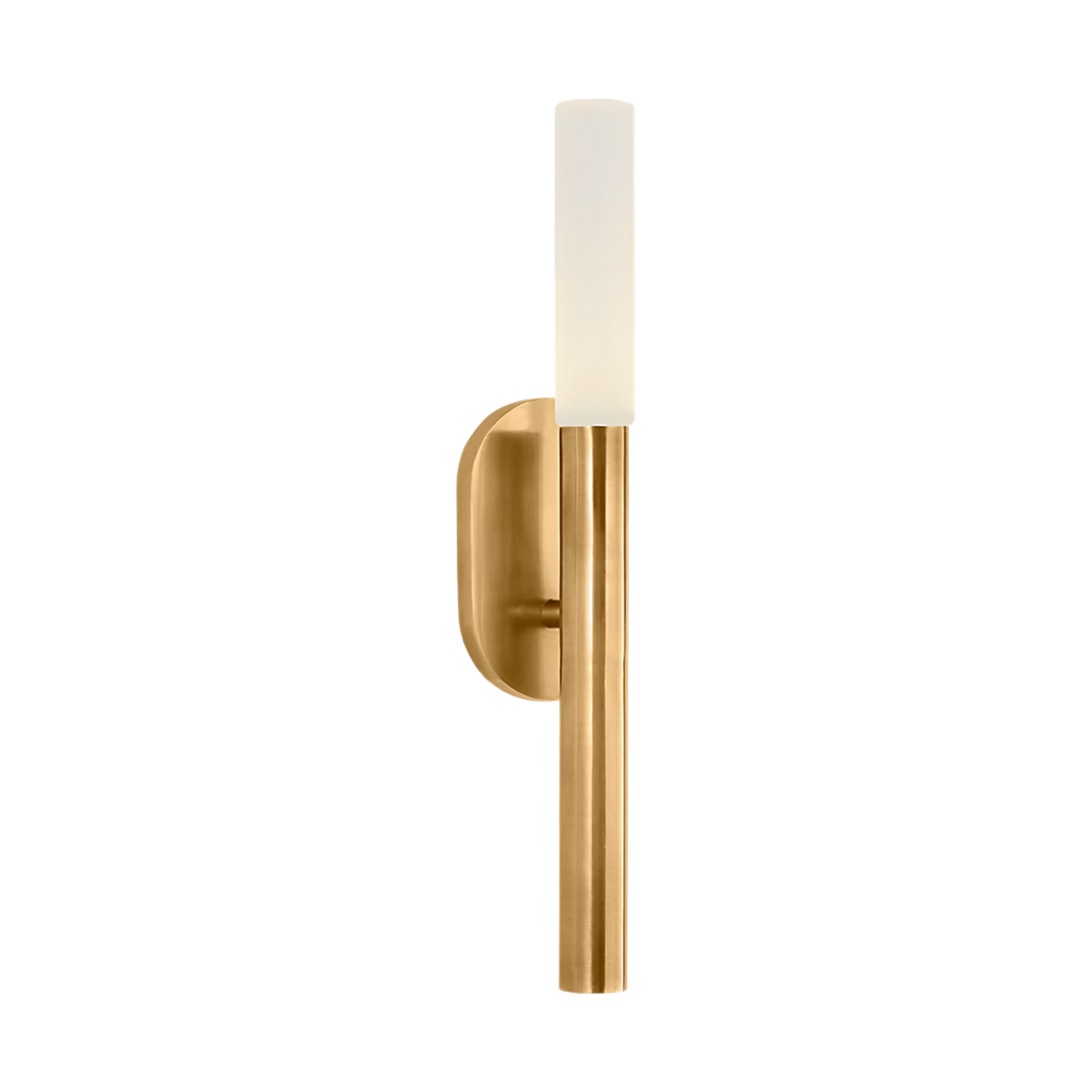 Rousseau Small brass bath sconce with a slim white glass cylinder, vertical brass stem and rounded oval wall plate.