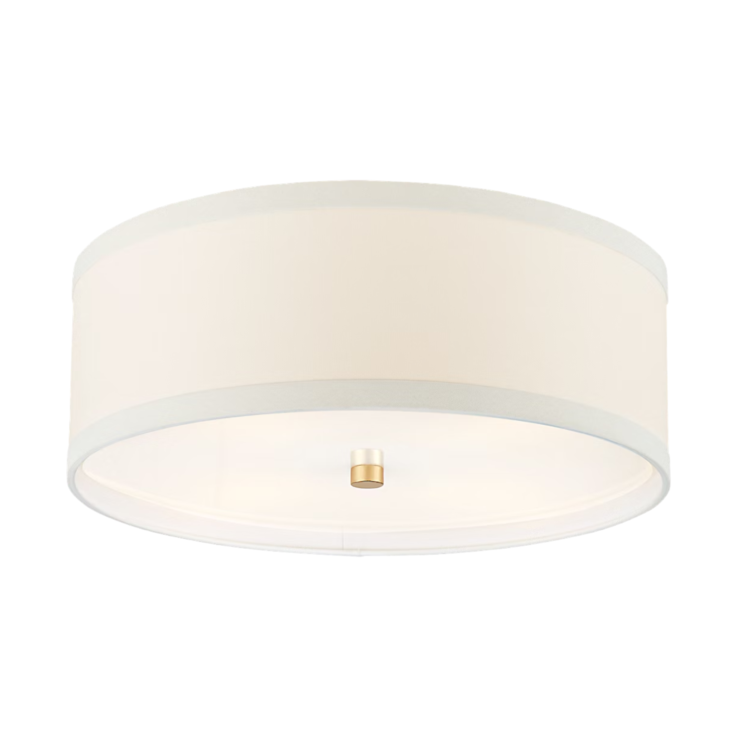 Walker Medium Flush Mount in gild finish with a white linen drum shade, contrast trim and central brass-toned finial.