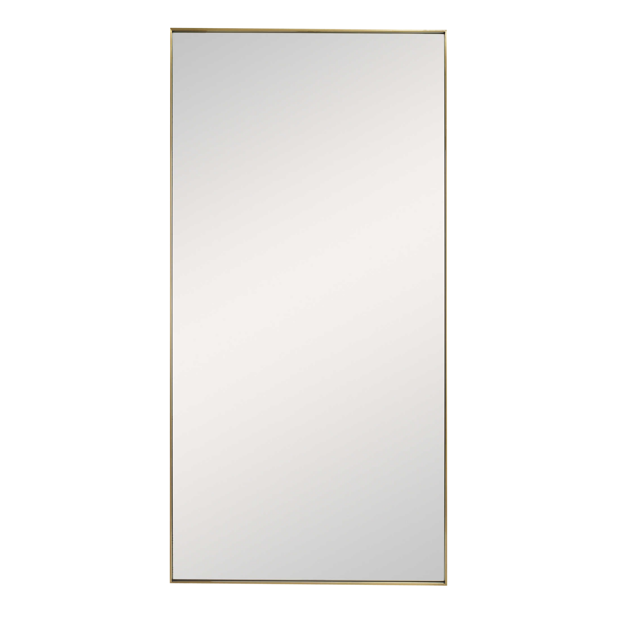 The Gallery Floor Mirror features a slim stainless steel frame that is finished in a light plated brushed brass.