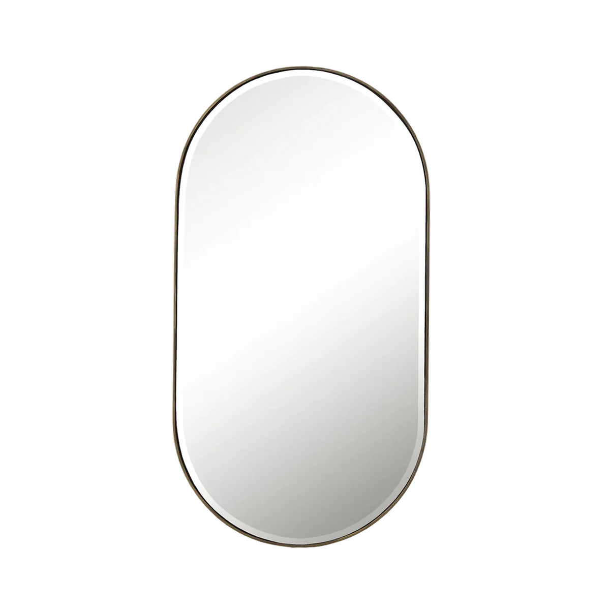 Perfect for any room or hallway, the Villa Oval Mirror is finished with an antiqued gold on a deep iron frame and an one-inch beveled design with a deep edge to accentuate the mirror