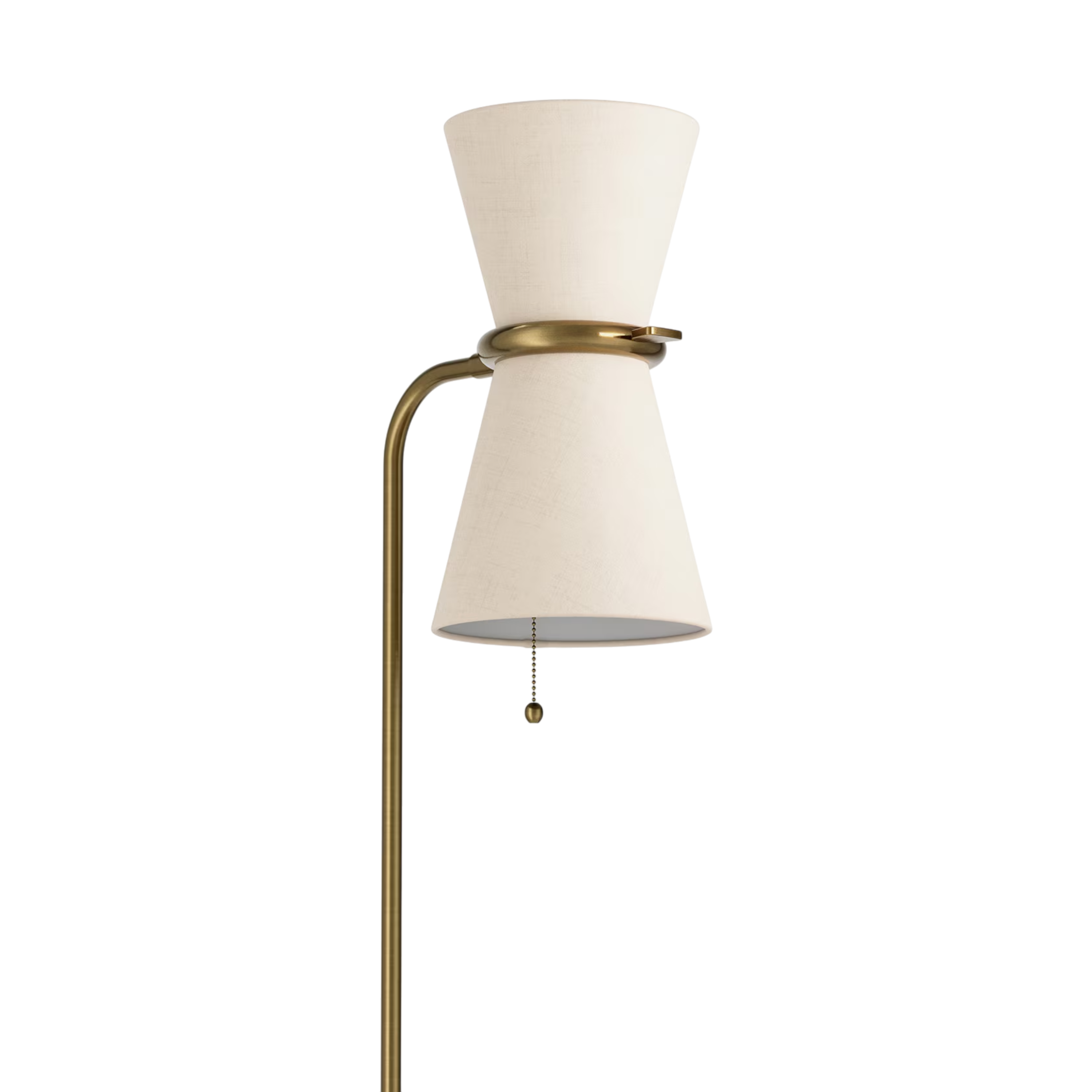 Close-up of Gable Floor Lamp with antique brass curved arm, central brass collar, linen shade and pull-chain switch.
