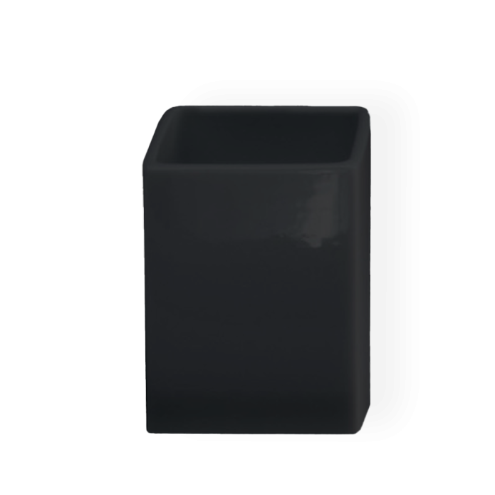 Porcelain Tumbler shown from the front in black glossy porcelain, featuring a squared silhouette, open top, and weighted base.