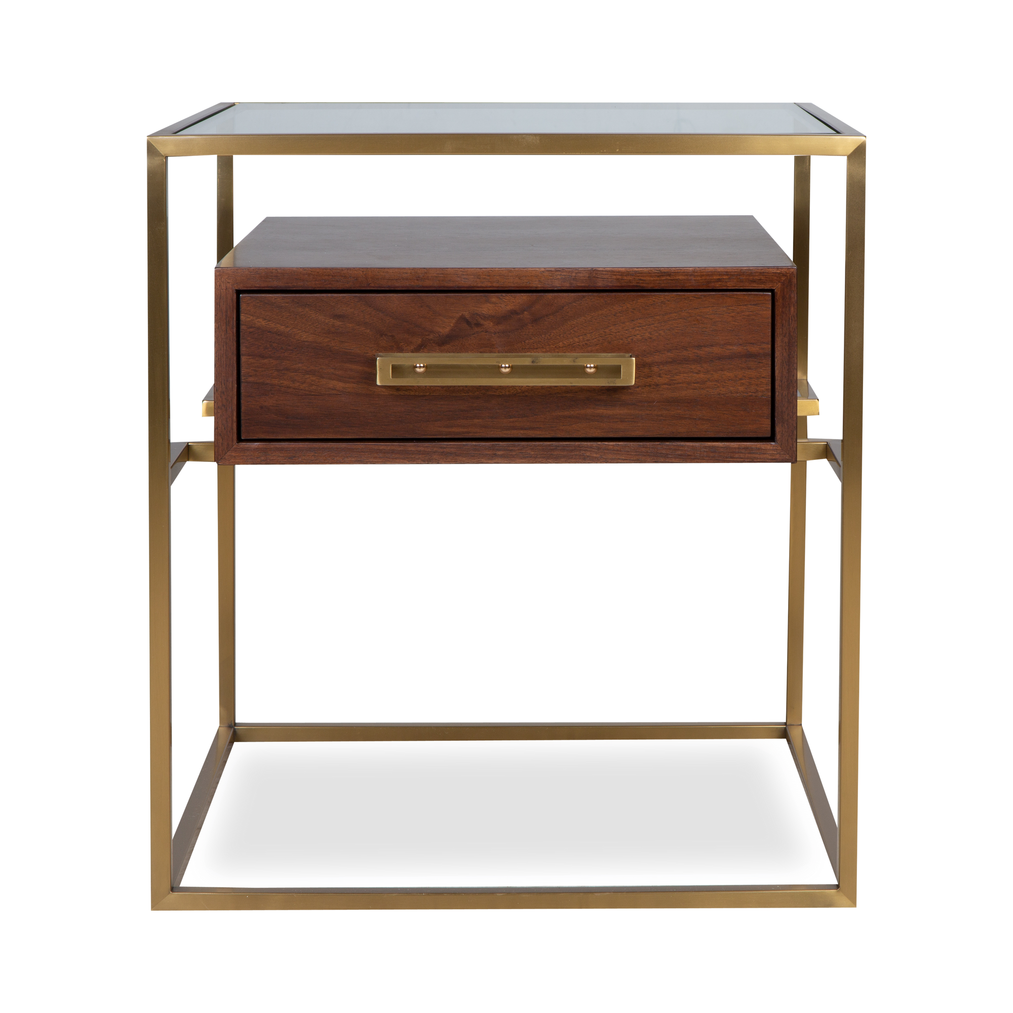 Exuding a modern glam vibe, this glass-topped end table features a floating drawer finished in walnut and is supported on an elegant brushed brass frame.