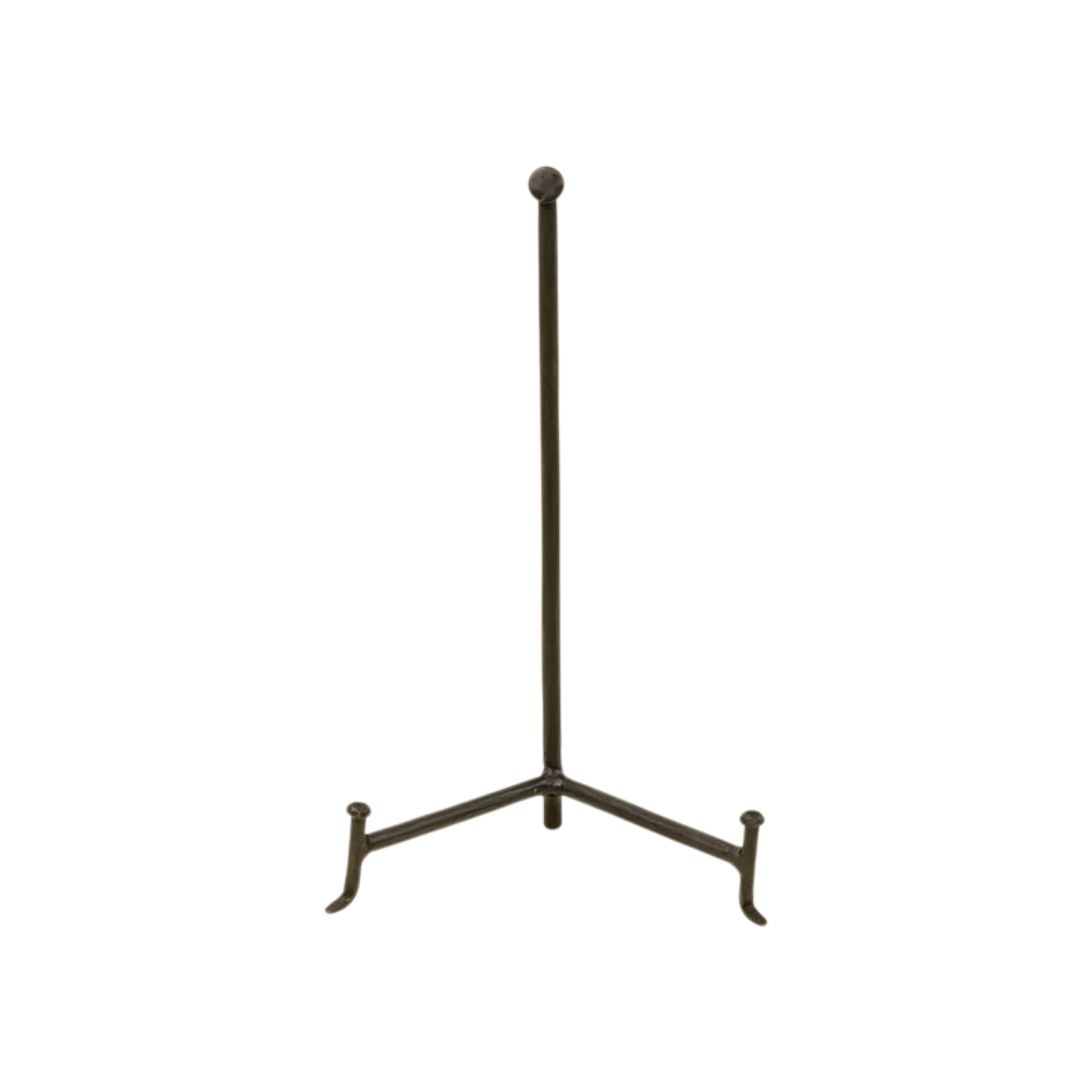 Large Atelier Display Stand in black iron with a slender vertical post, ball finial and open tripod base designed to support a plate, book or framed decorative object.