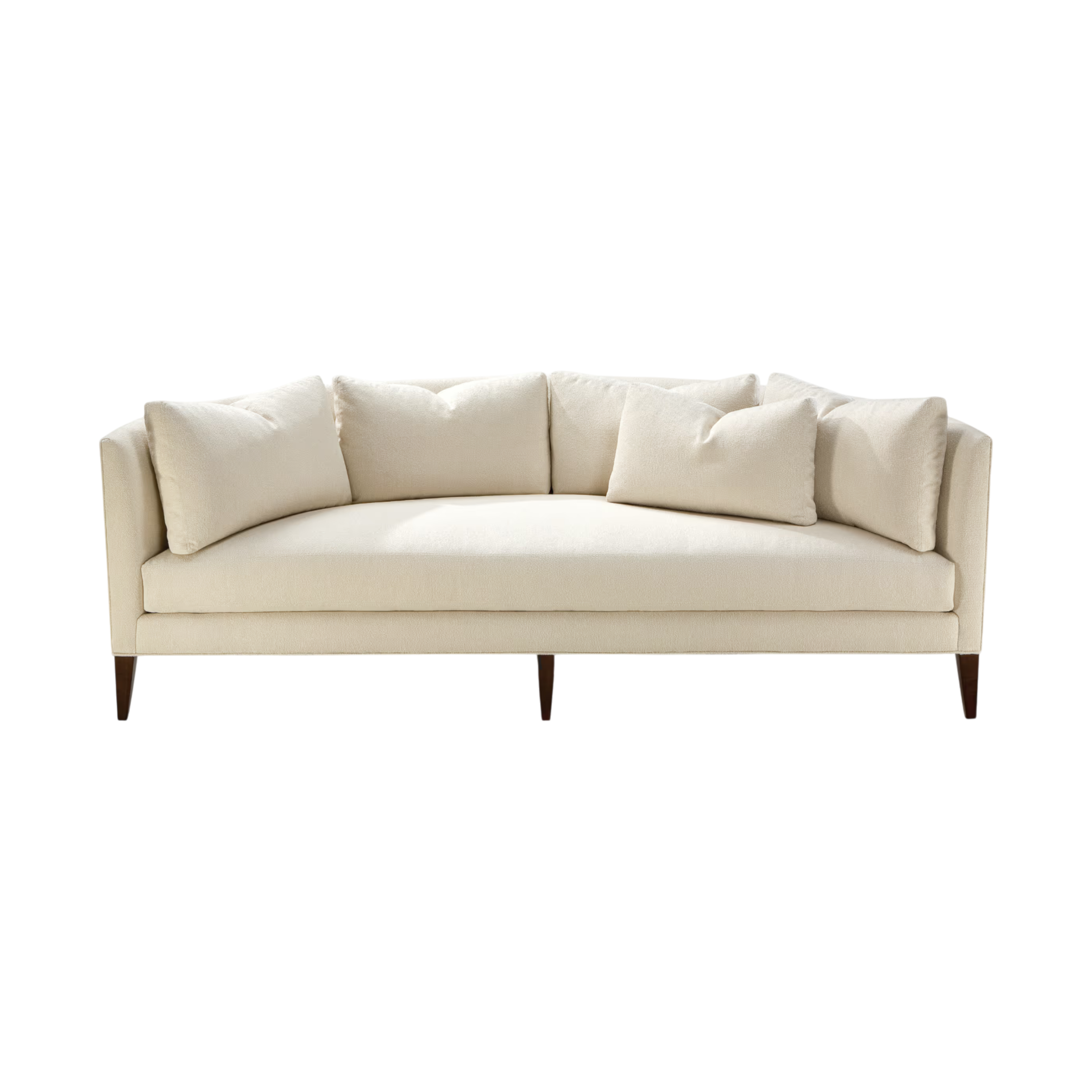 Parker Sofa in cream textured upholstery, featuring a gently curved silhouette, loose back cushions and slim tapered wood legs.