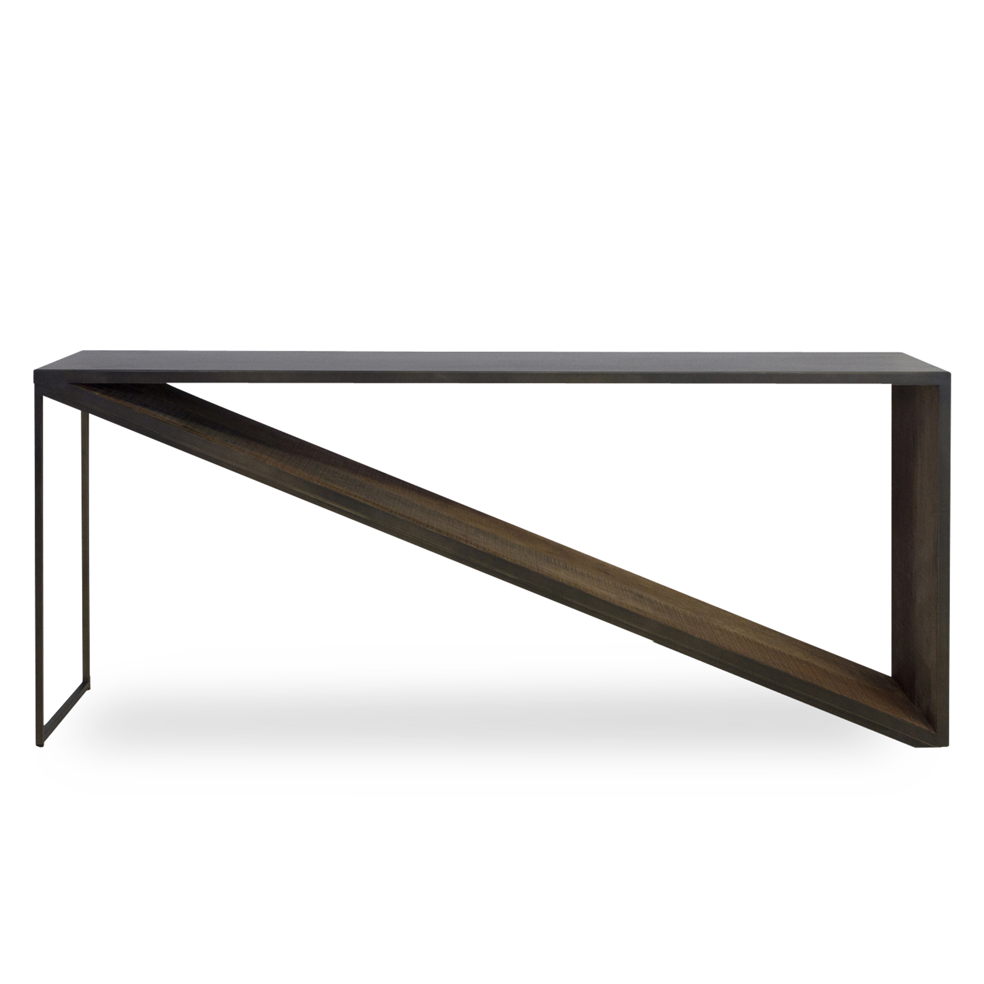 A unique console table crafted from Peroba wood, concrete, and steel.